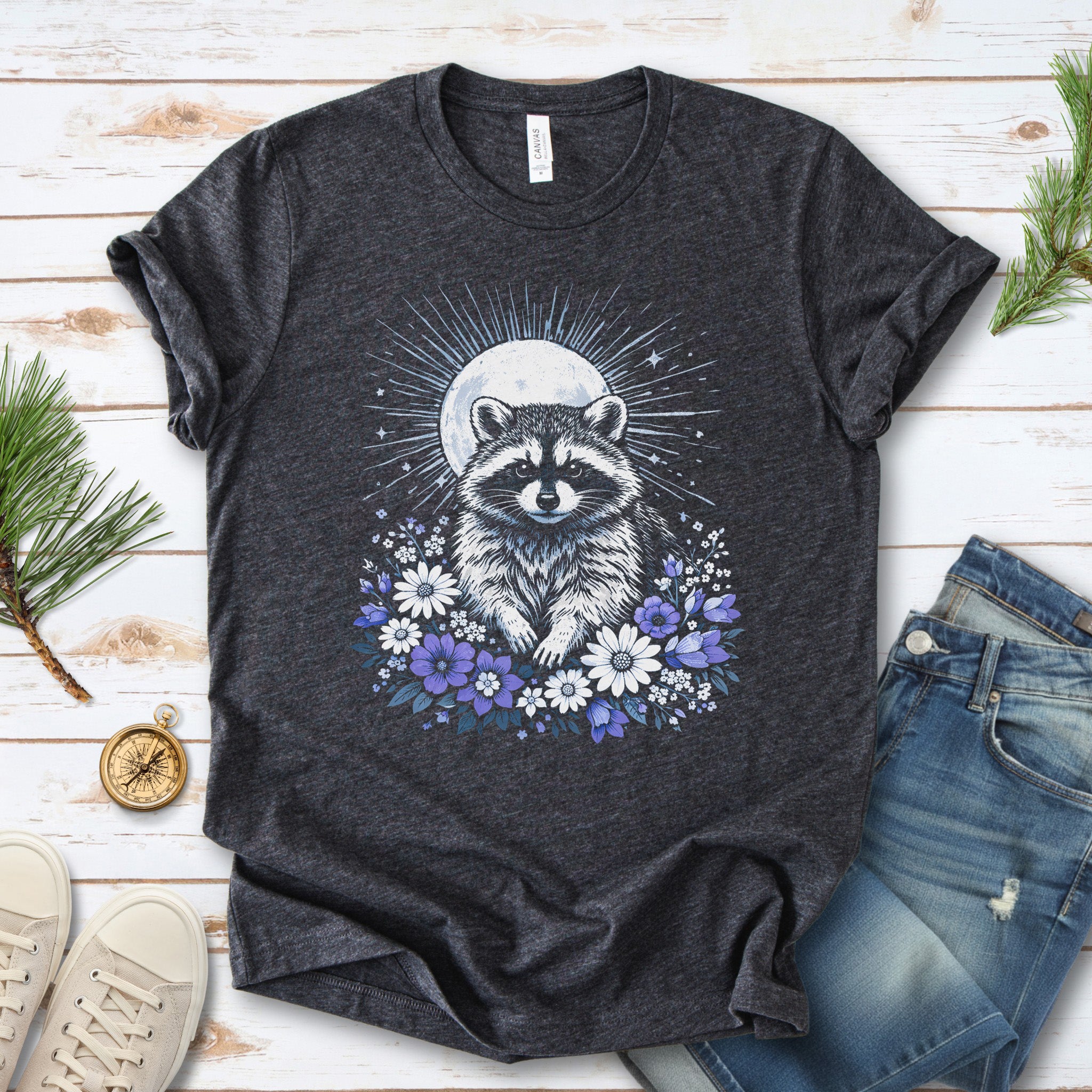 Moonlit Guardian Raccoon Botanical Daisy Moon T-Shirt