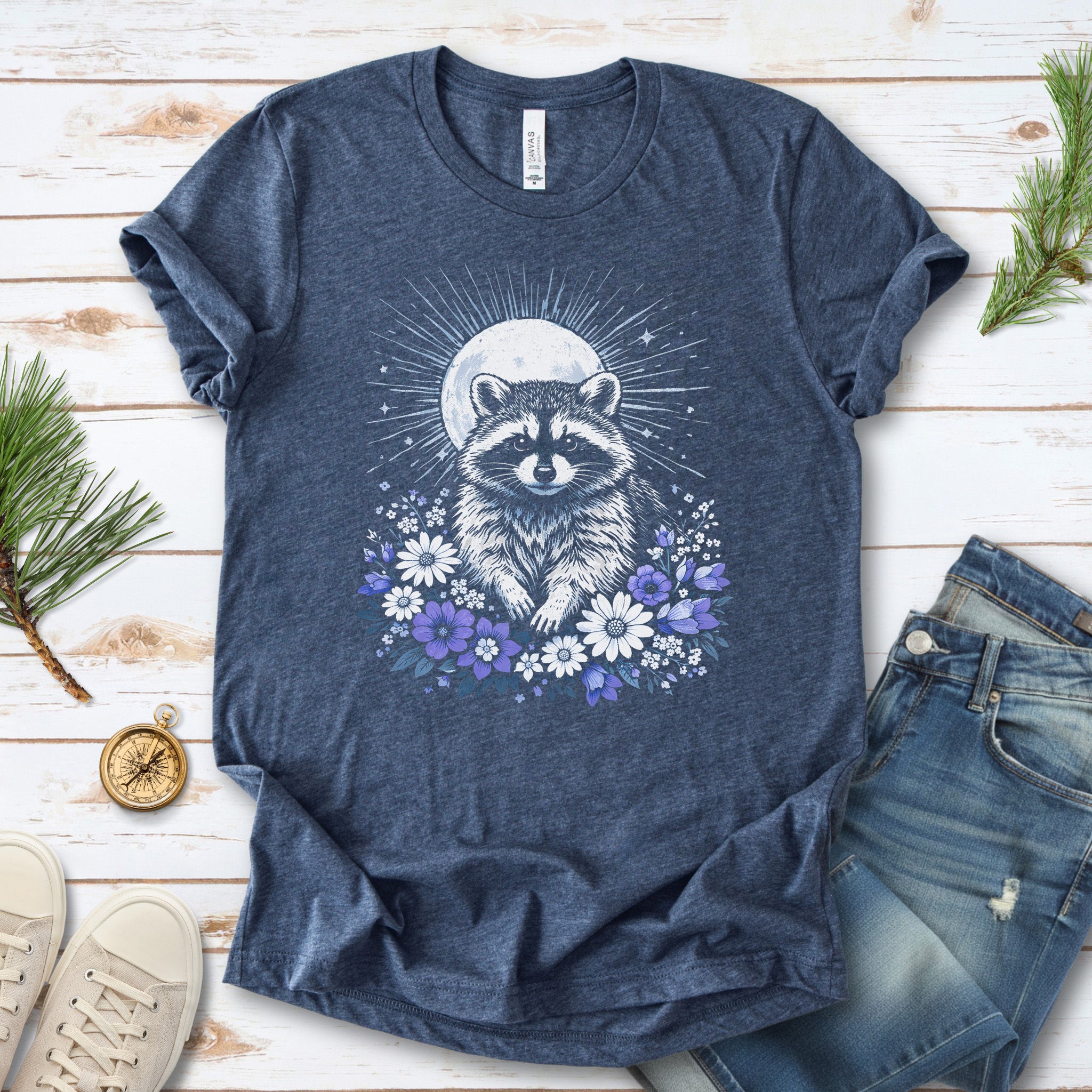 Moonlit Guardian Raccoon Botanical Daisy Moon T-Shirt