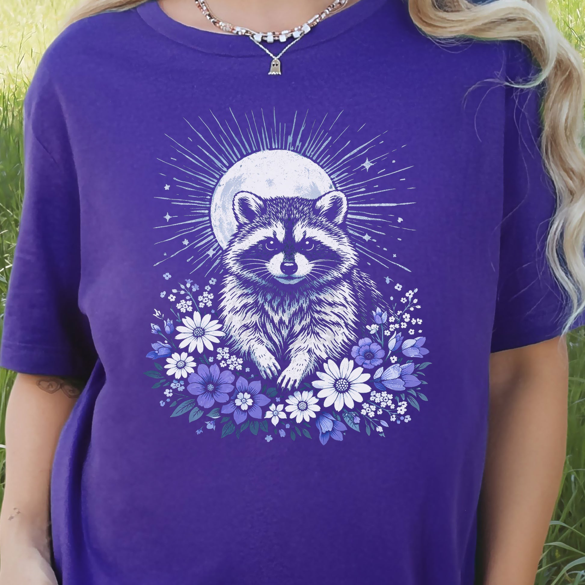 Moonlit Guardian Raccoon Botanical Daisy Moon T-Shirt