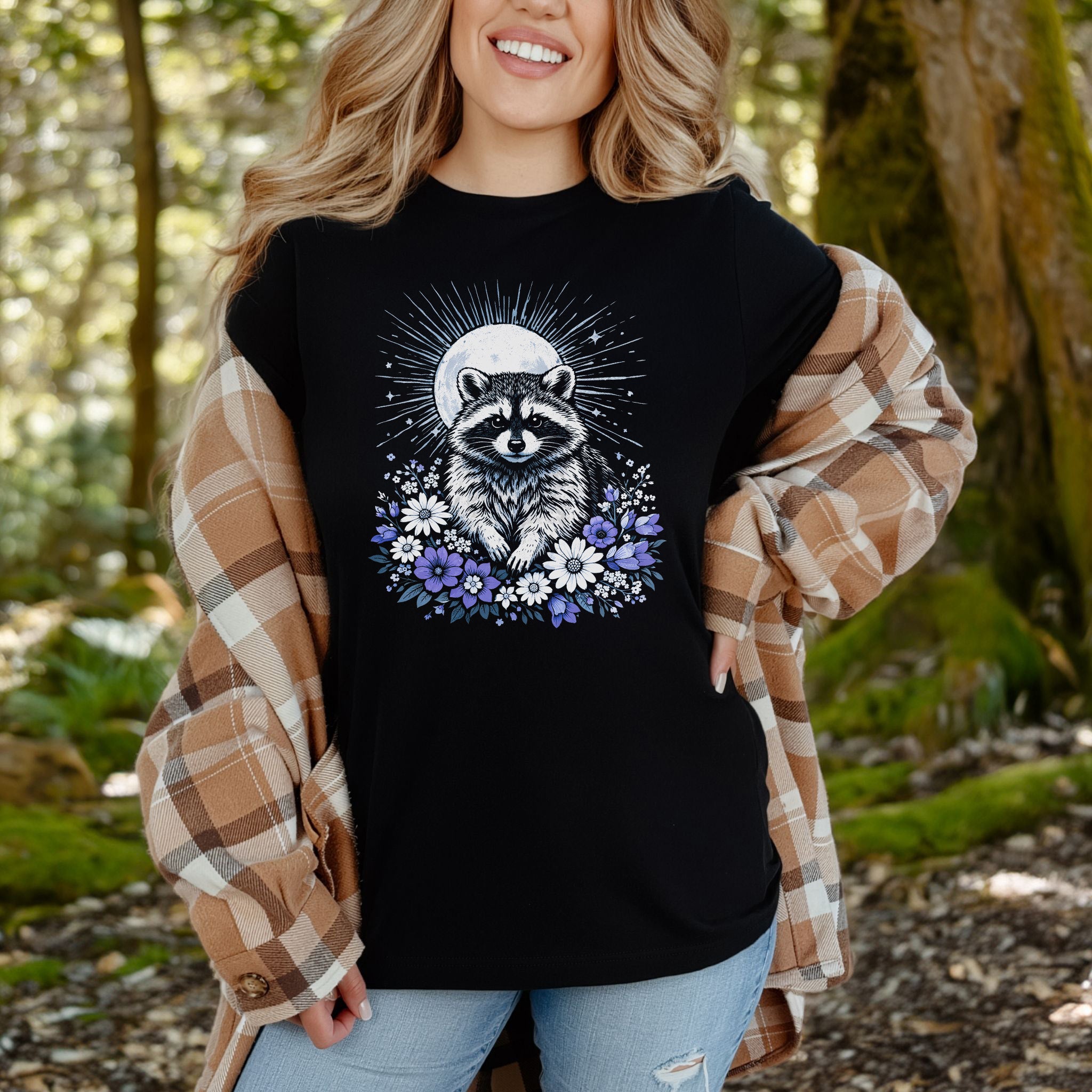 Moonlit Guardian Raccoon Botanical Daisy Moon T-Shirt