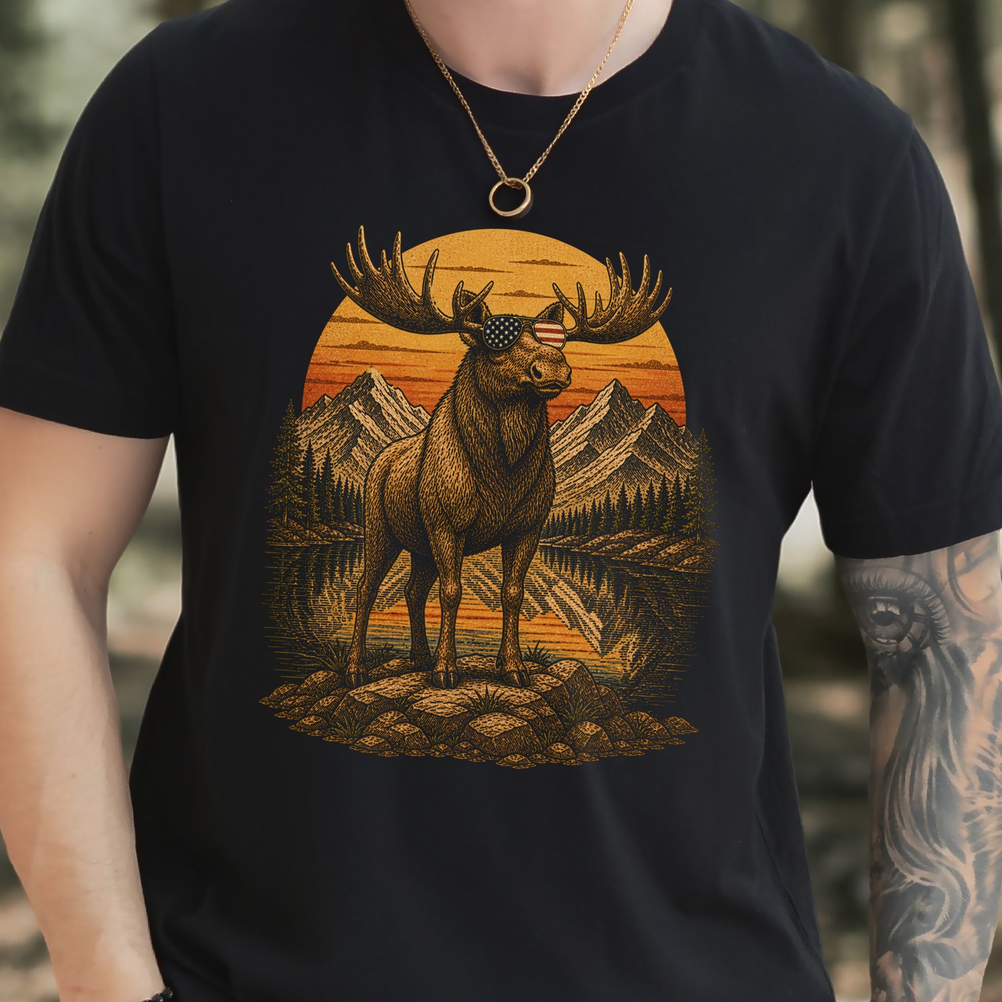 Moose of Freedom Patriotic Mountain Lake Americana Wildlife T-Shirt