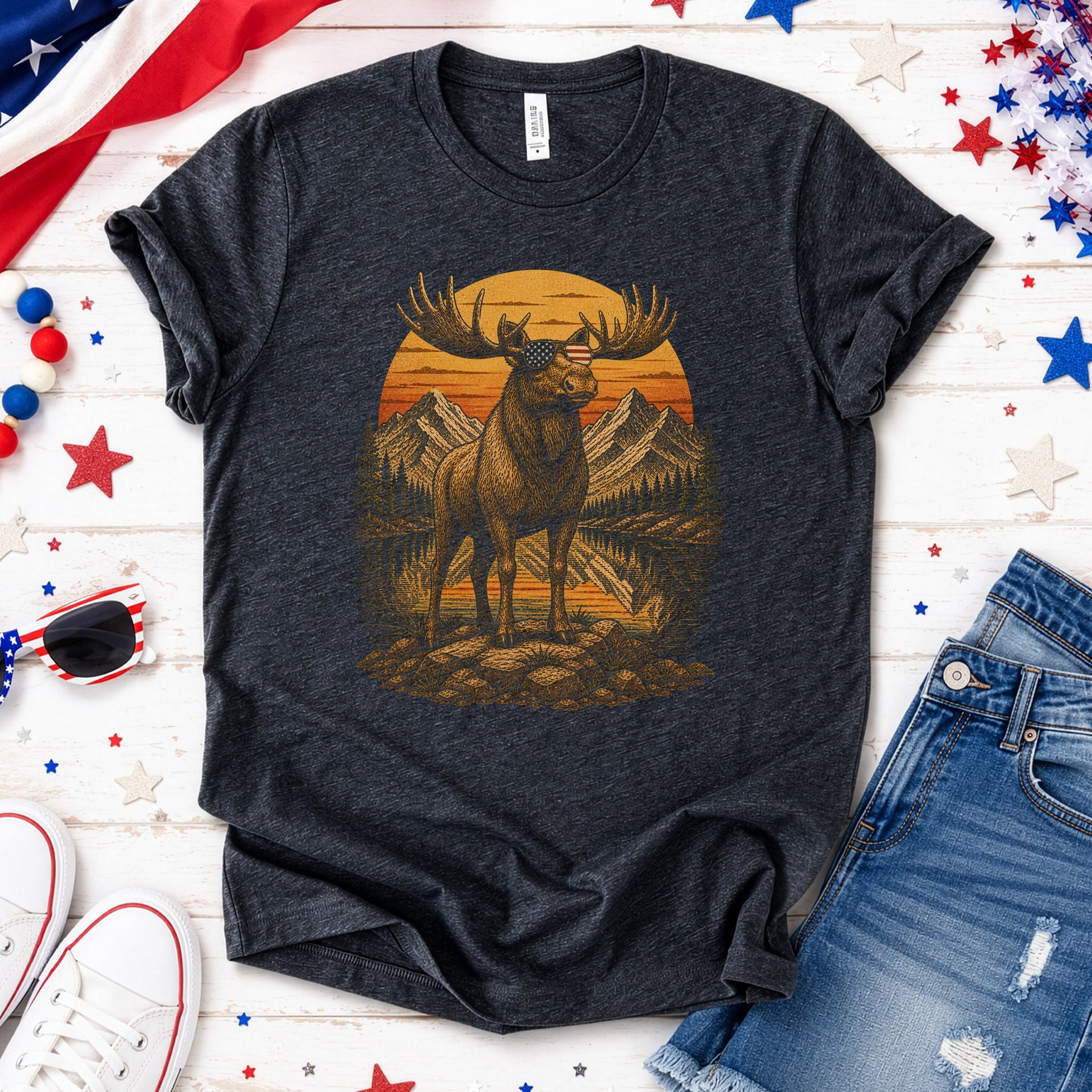 Moose of Freedom Patriotic Mountain Lake Americana Wildlife T-Shirt