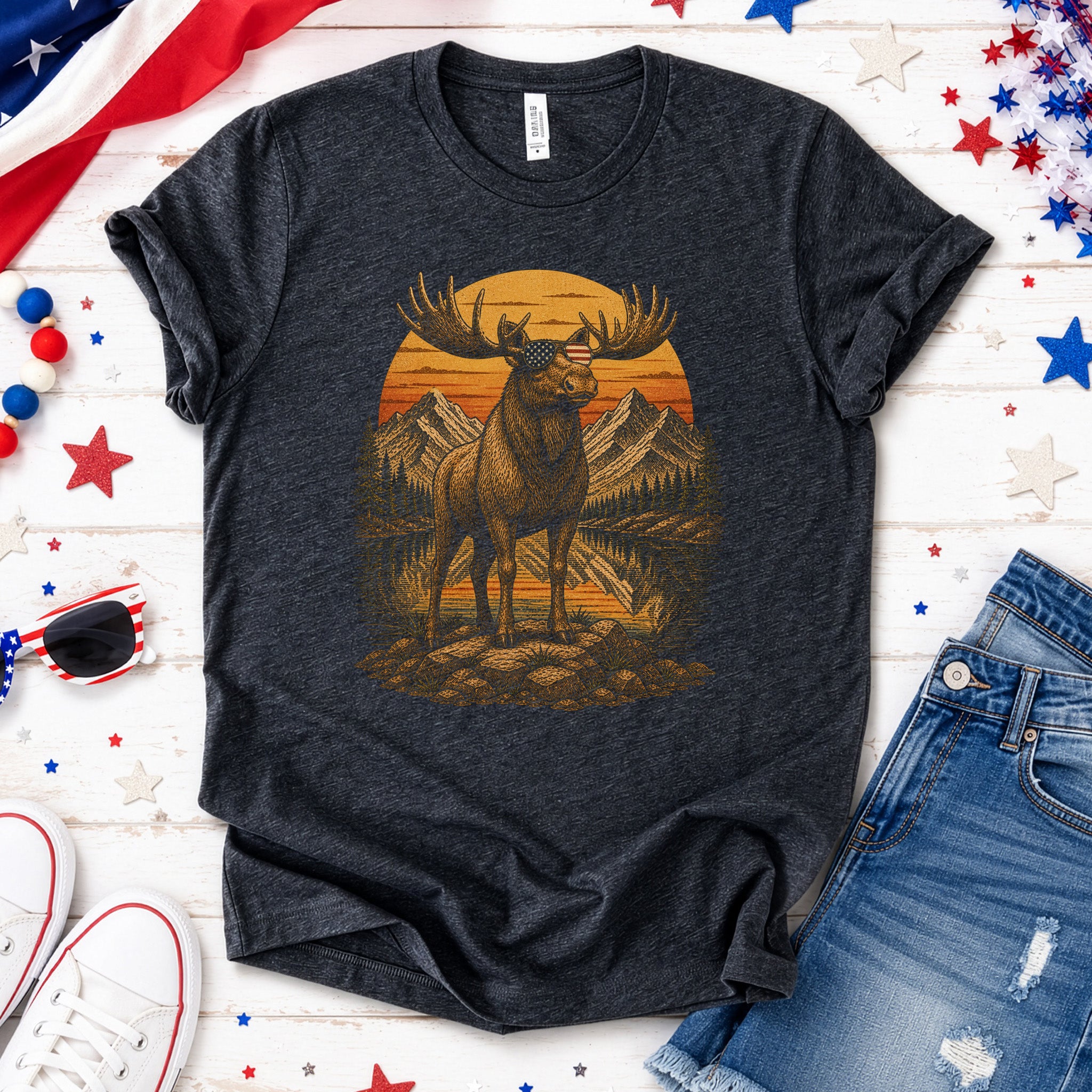 Moose of Freedom Patriotic Mountain Lake Americana Wildlife T-Shirt