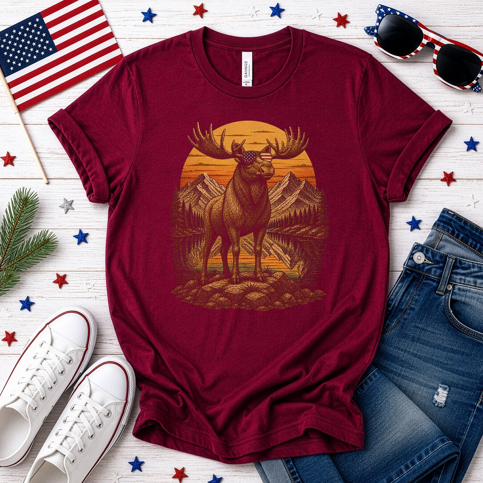 Moose of Freedom Patriotic Mountain Lake Americana Wildlife T-Shirt