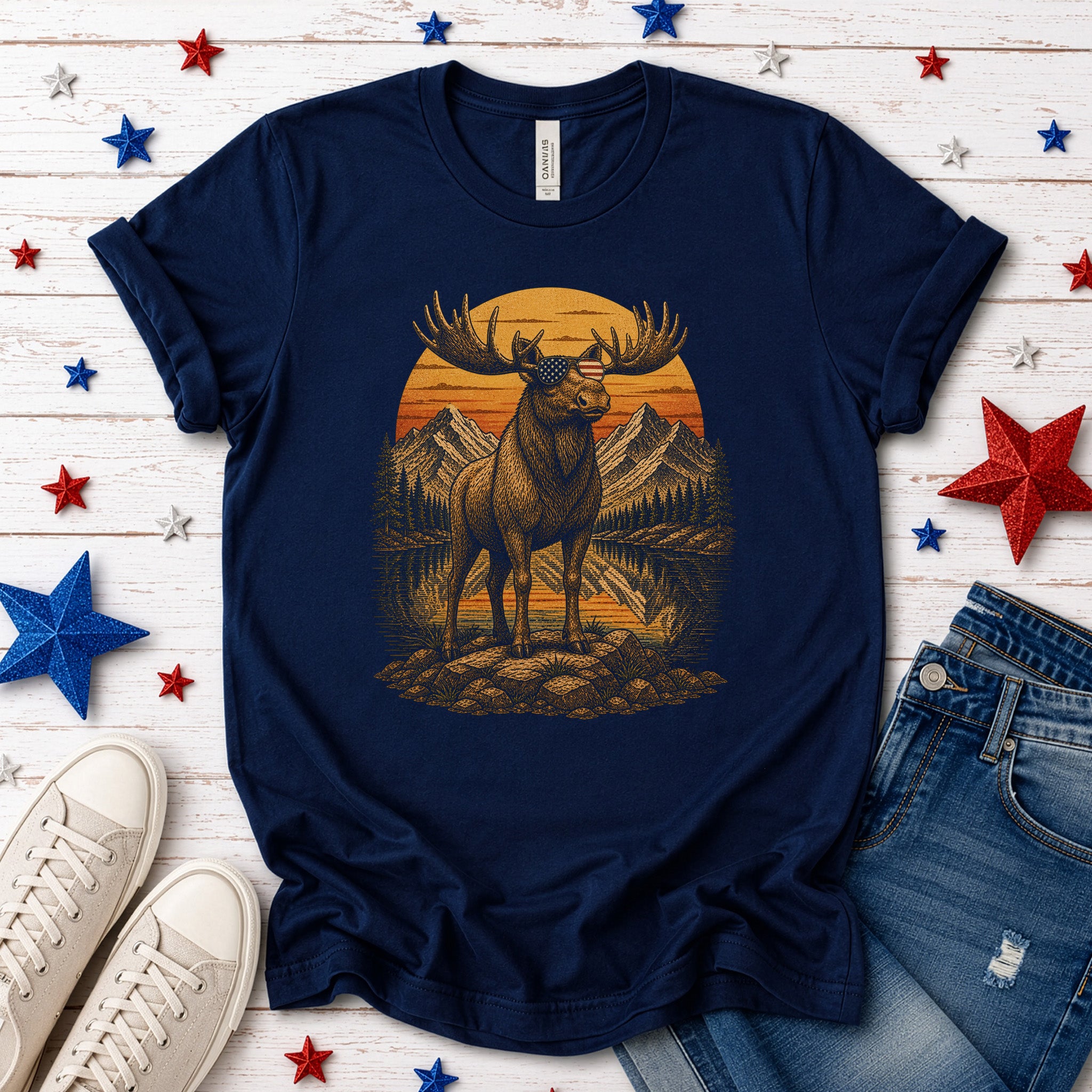 Moose of Freedom Patriotic Mountain Lake Americana Wildlife T-Shirt