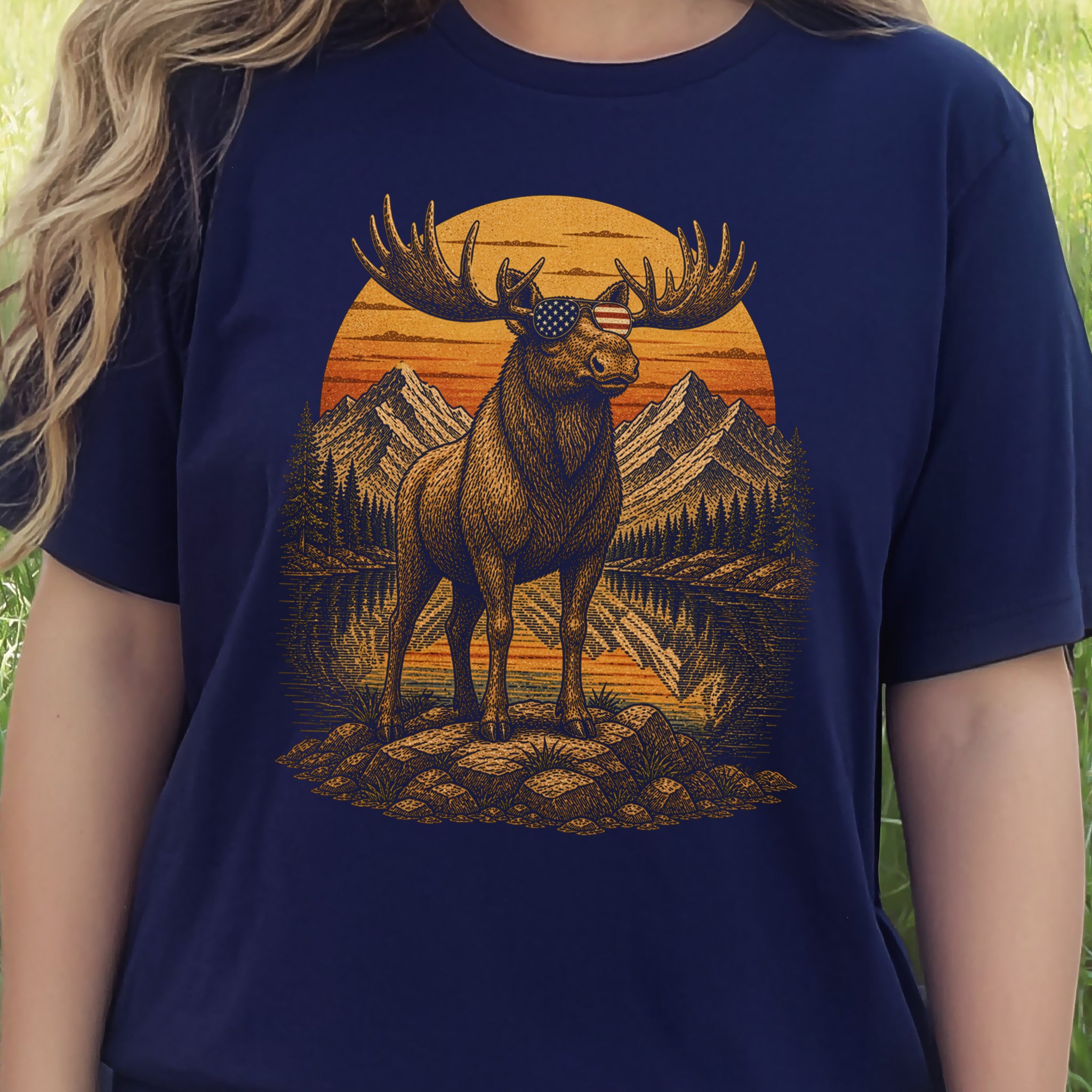 Moose of Freedom Patriotic Mountain Lake Americana Wildlife T-Shirt