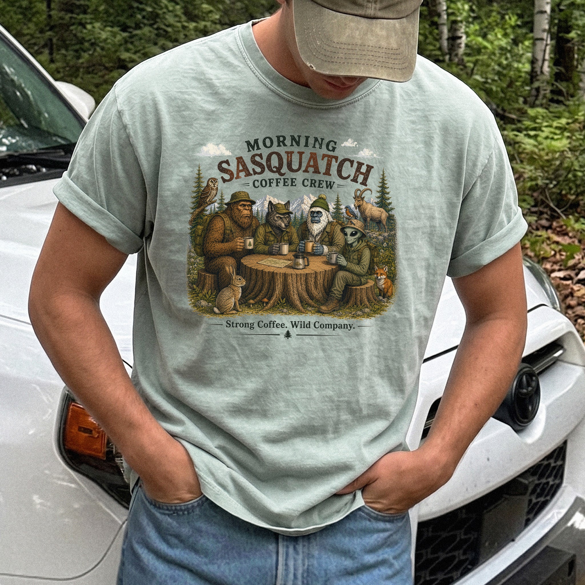 Morning Sasquatch Coffee Crew Comfort Colors Shirt – Cryptid Coffee Tee