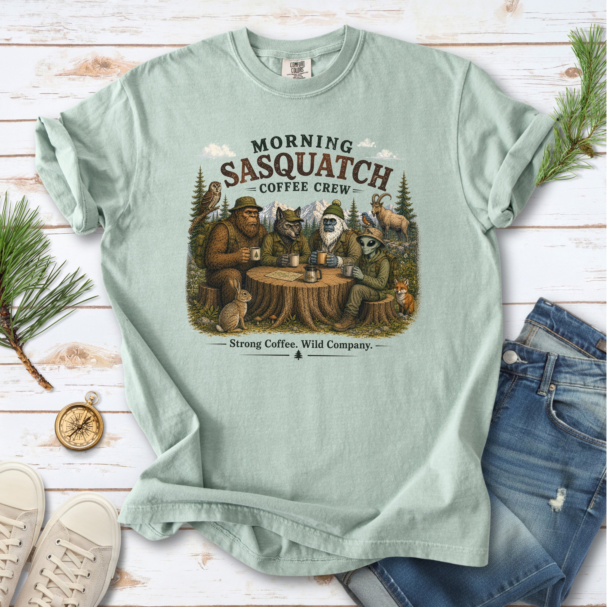 Morning Sasquatch Coffee Crew Comfort Colors Shirt – Cryptid Coffee Tee