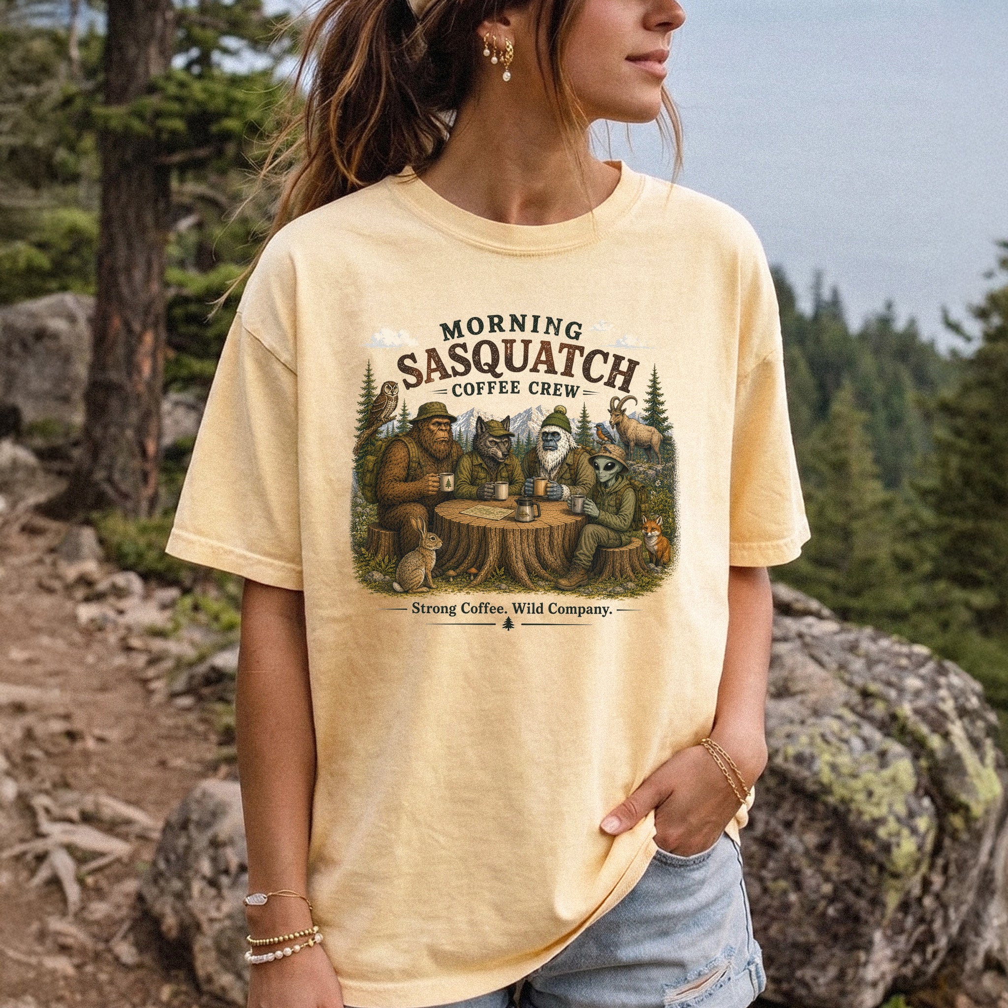 Morning Sasquatch Coffee Crew Comfort Colors Shirt – Cryptid Coffee Tee