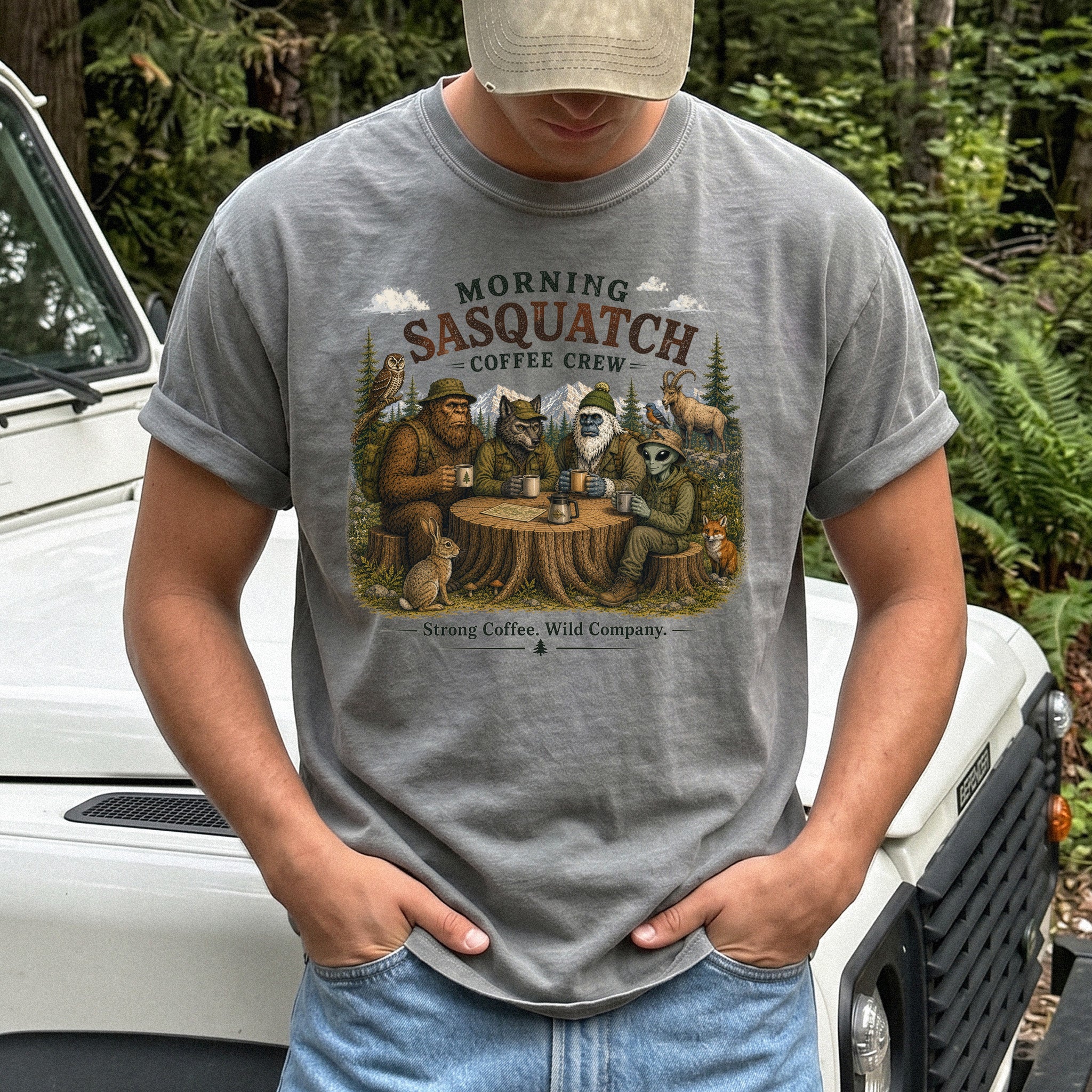Morning Sasquatch Coffee Crew Comfort Colors Shirt – Cryptid Coffee Tee