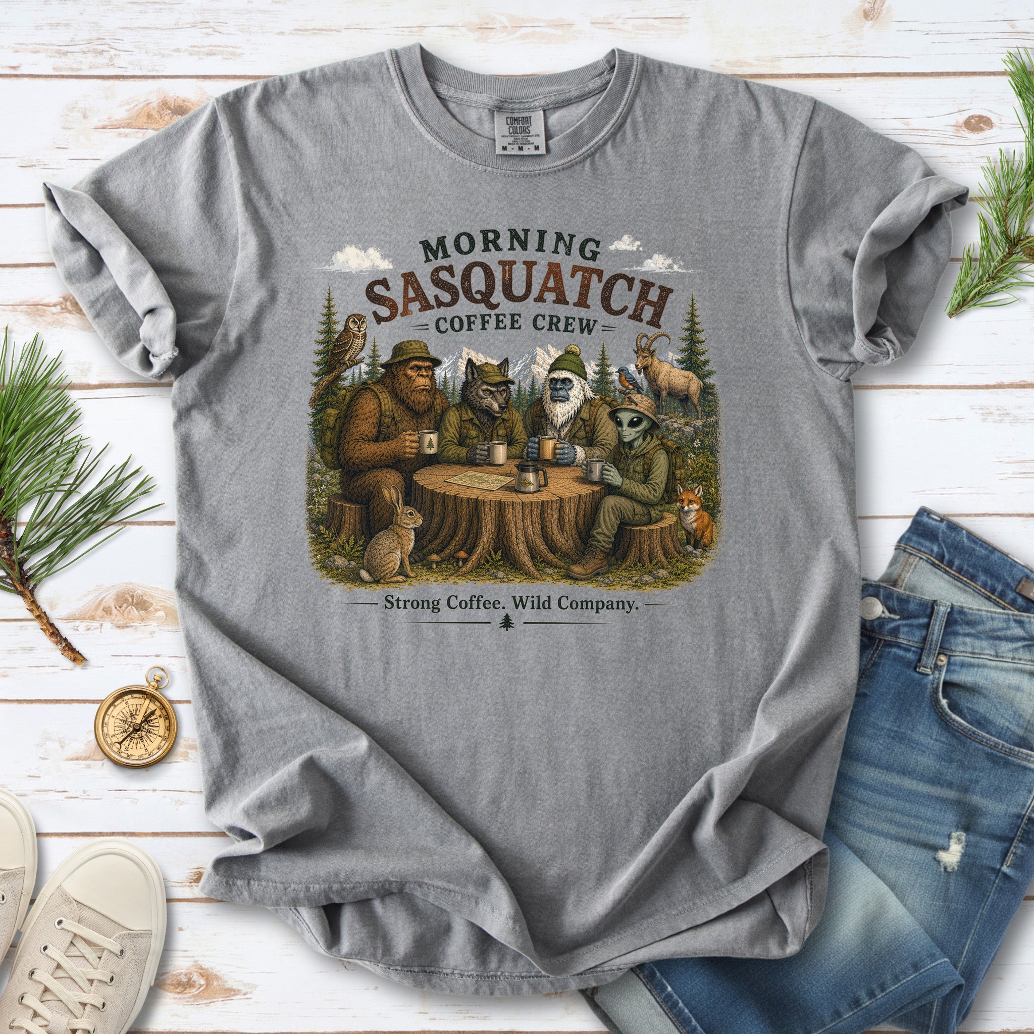 Morning Sasquatch Coffee Crew Comfort Colors Shirt – Cryptid Coffee Tee