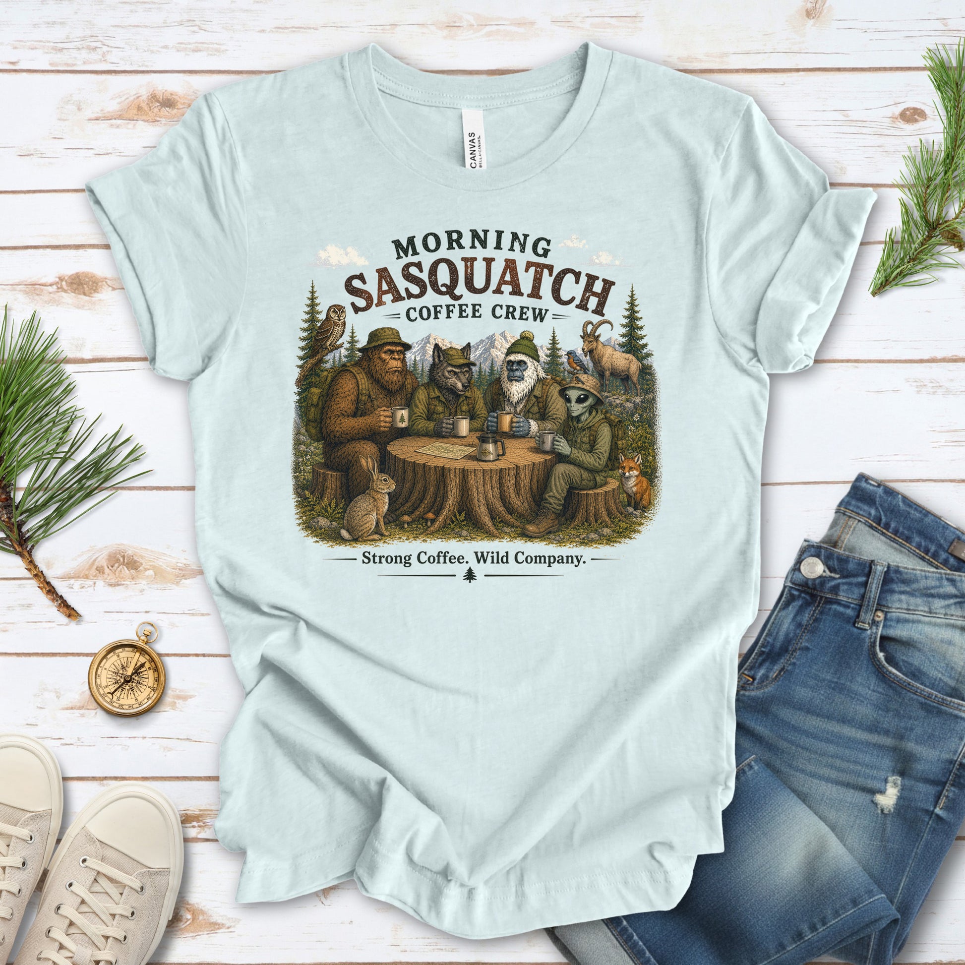 Morning Sasquatch Coffee Crew Cryptid Forest Coffee Lover T-Shirt