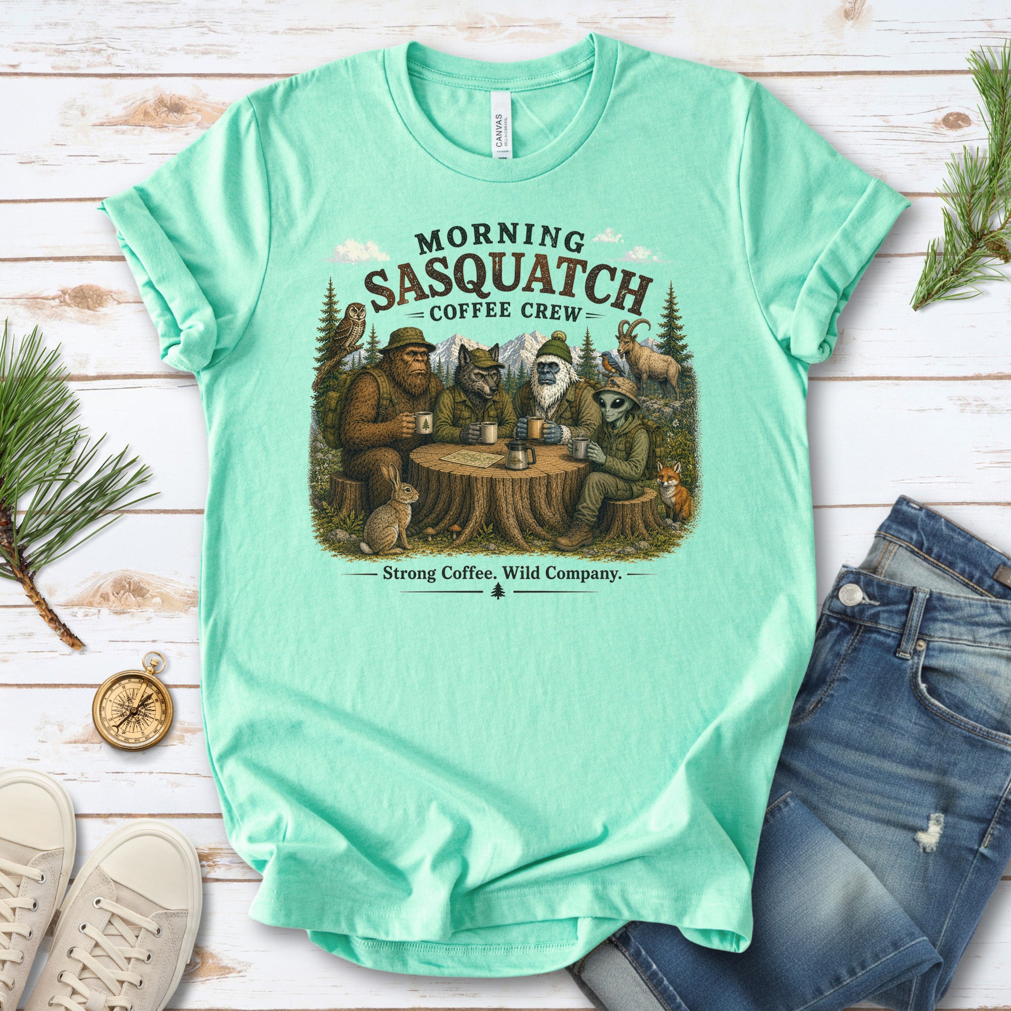 Morning Sasquatch Coffee Crew Cryptid Forest Coffee Lover T-Shirt