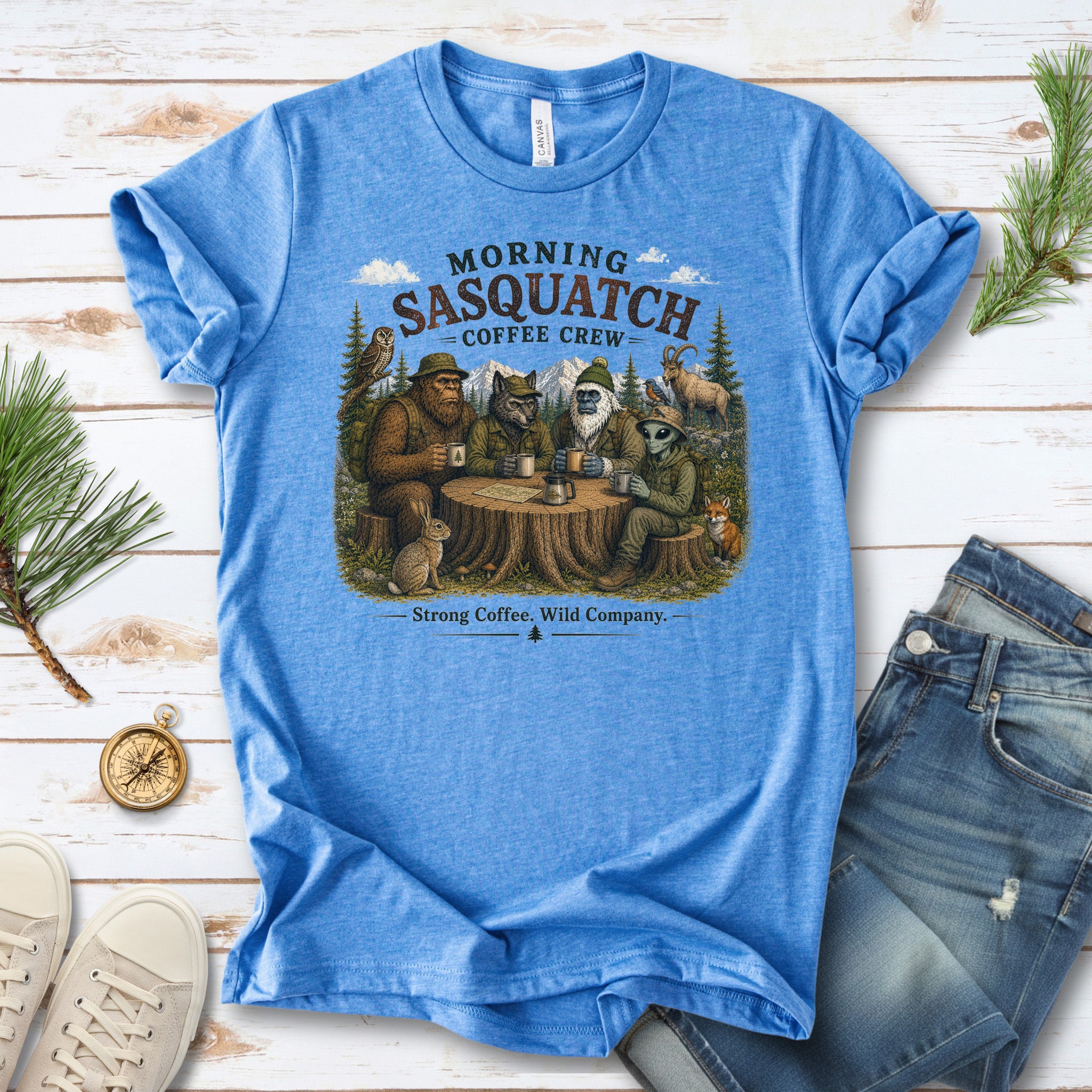 Morning Sasquatch Coffee Crew Cryptid Forest Coffee Lover T-Shirt
