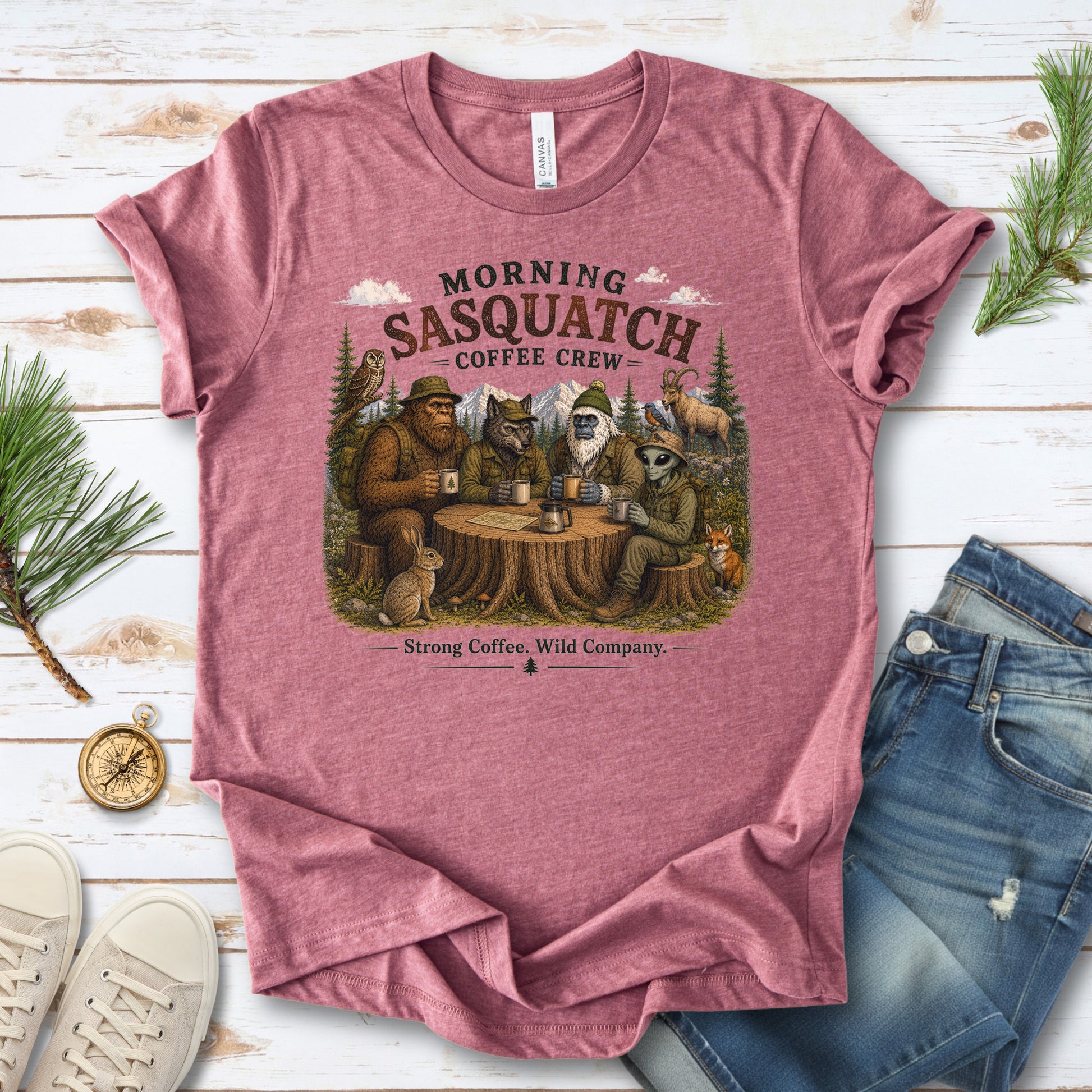 Morning Sasquatch Coffee Crew Cryptid Forest Coffee Lover T-Shirt