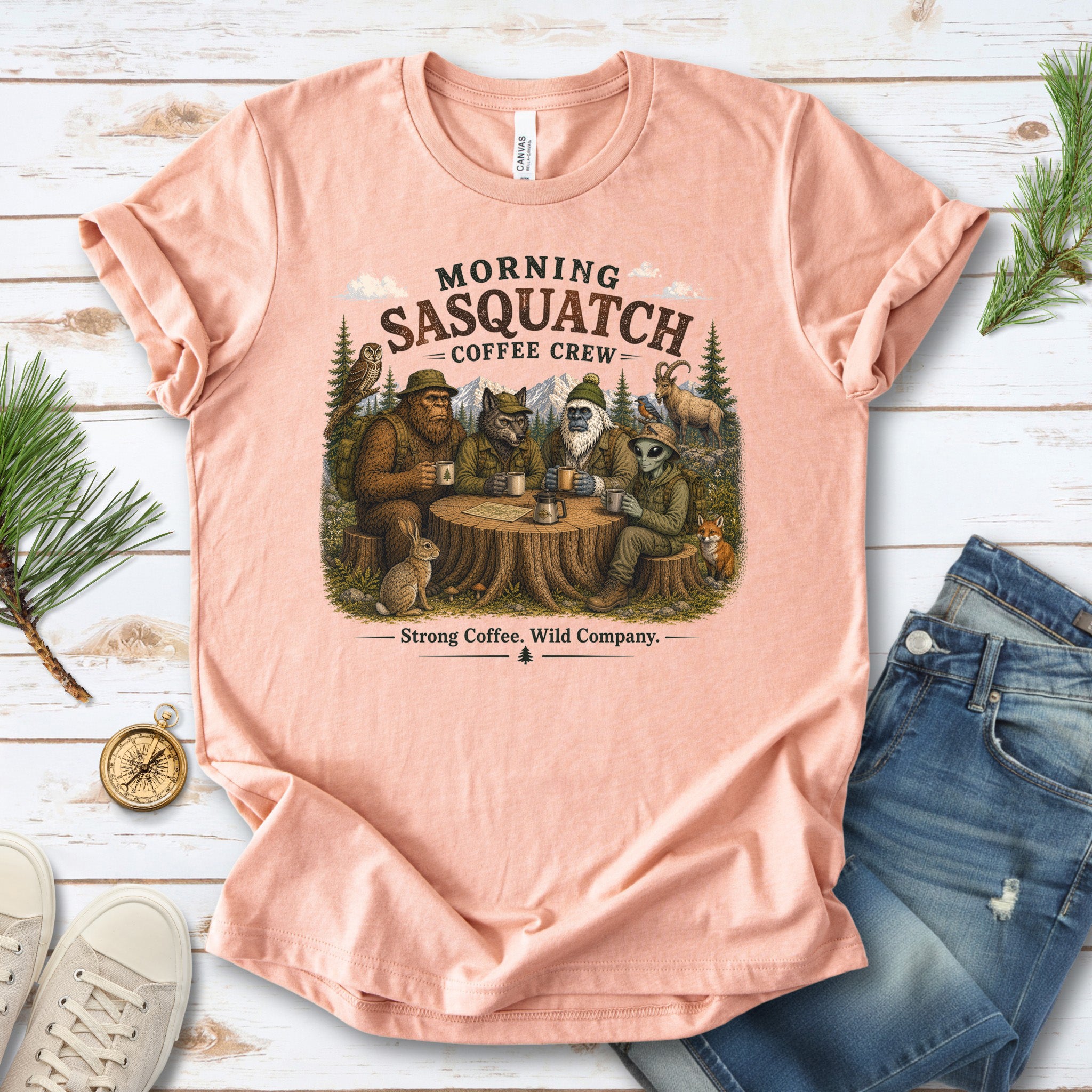 Morning Sasquatch Coffee Crew Cryptid Forest Coffee Lover T-Shirt