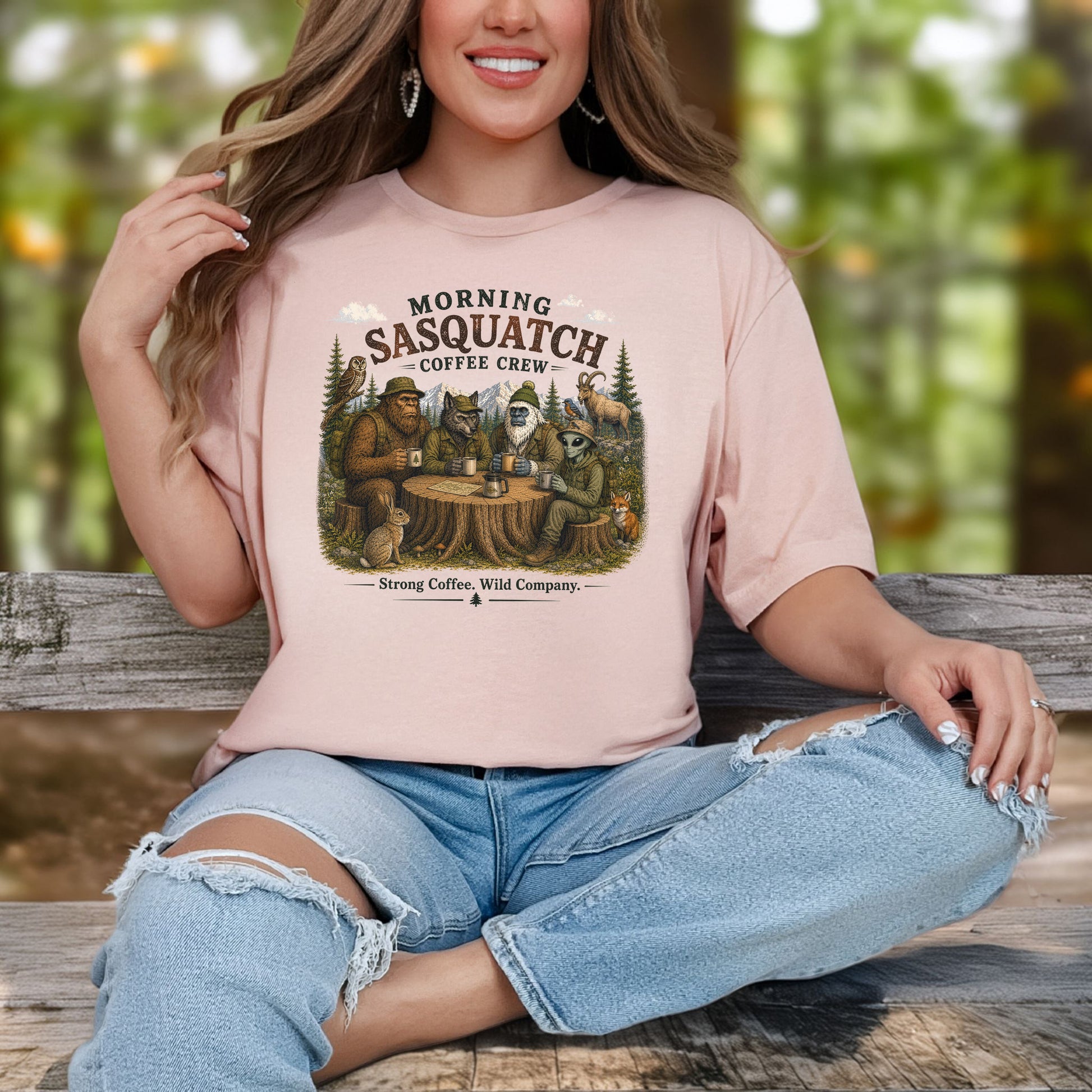 Morning Sasquatch Coffee Crew Cryptid Forest Coffee Lover T-Shirt