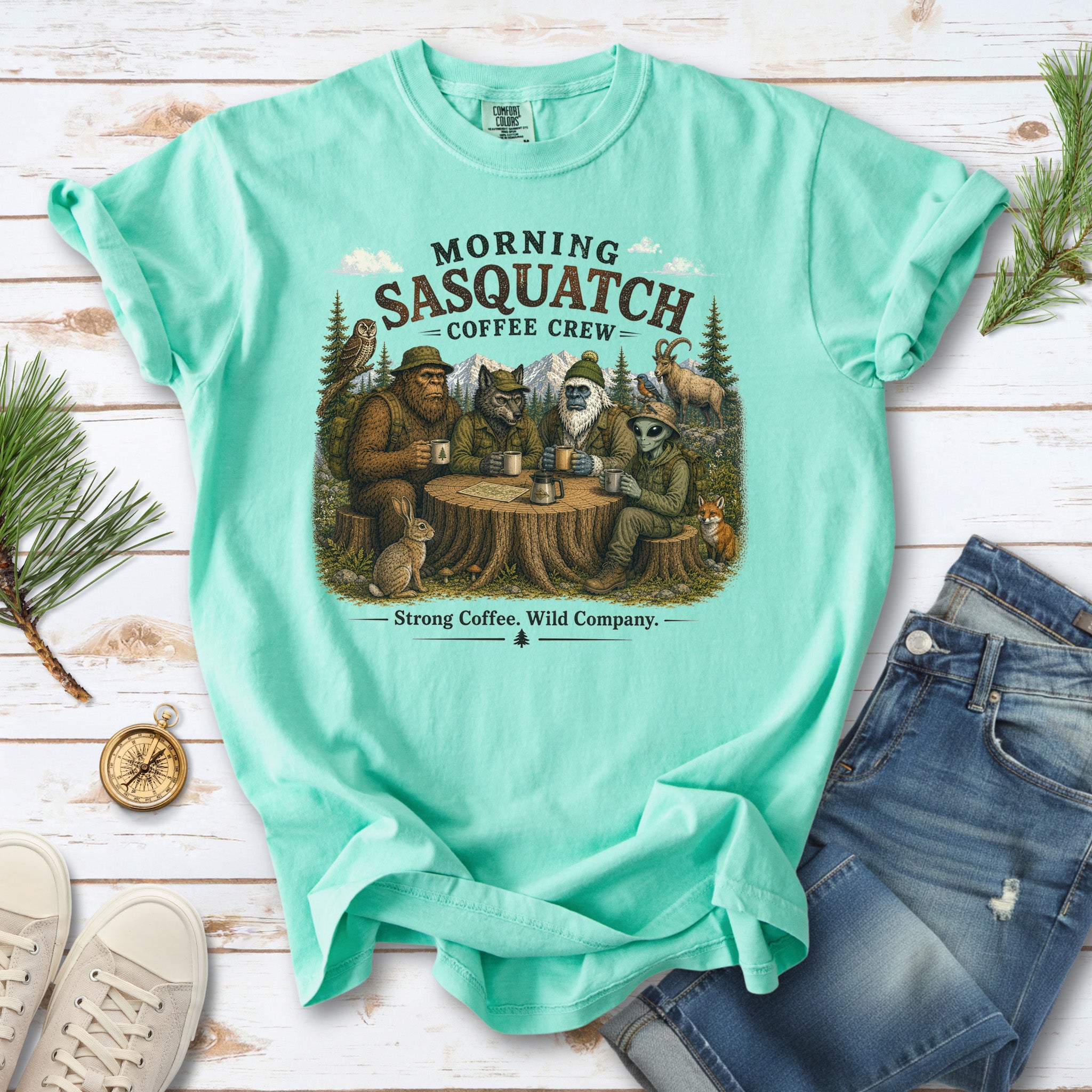 Morning Sasquatch Coffee Crew Comfort Colors Shirt – Cryptid Coffee Tee