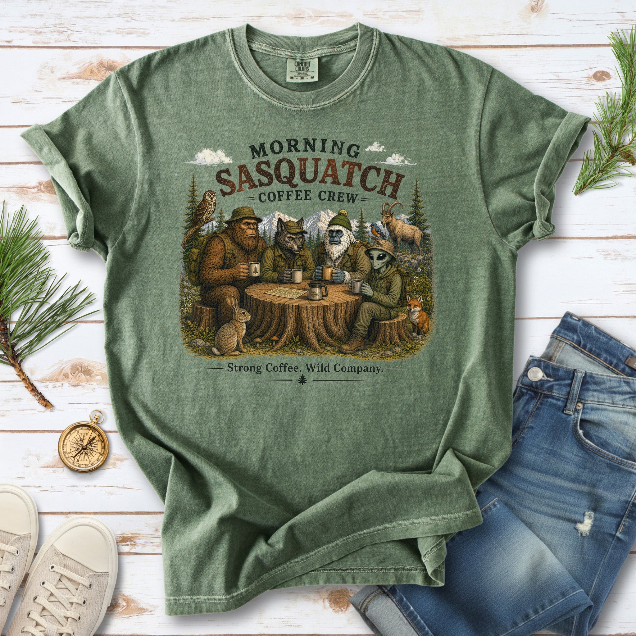 Morning Sasquatch Coffee Crew Comfort Colors Shirt – Cryptid Coffee Tee