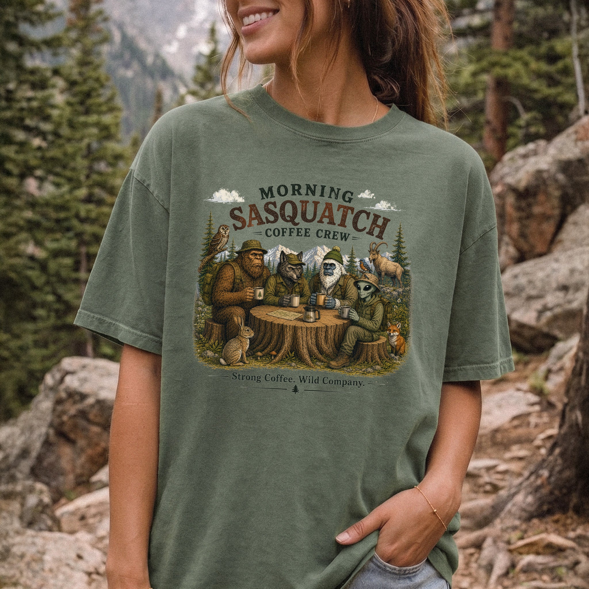 Morning Sasquatch Coffee Crew Comfort Colors Shirt – Cryptid Coffee Tee