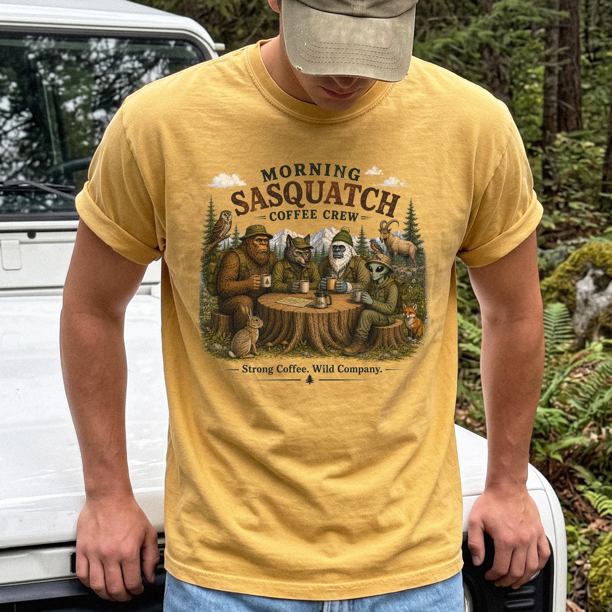 Morning Sasquatch Coffee Crew Comfort Colors Shirt – Cryptid Coffee Tee