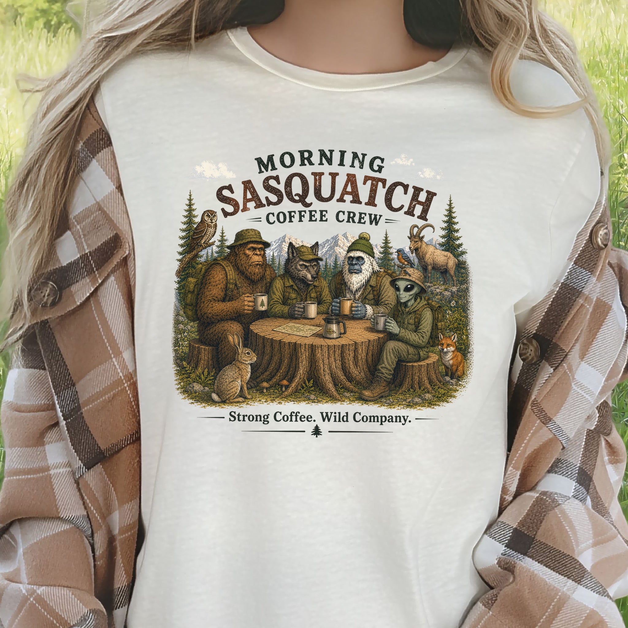Morning Sasquatch Coffee Crew Cryptid Forest Coffee Lover T-Shirt