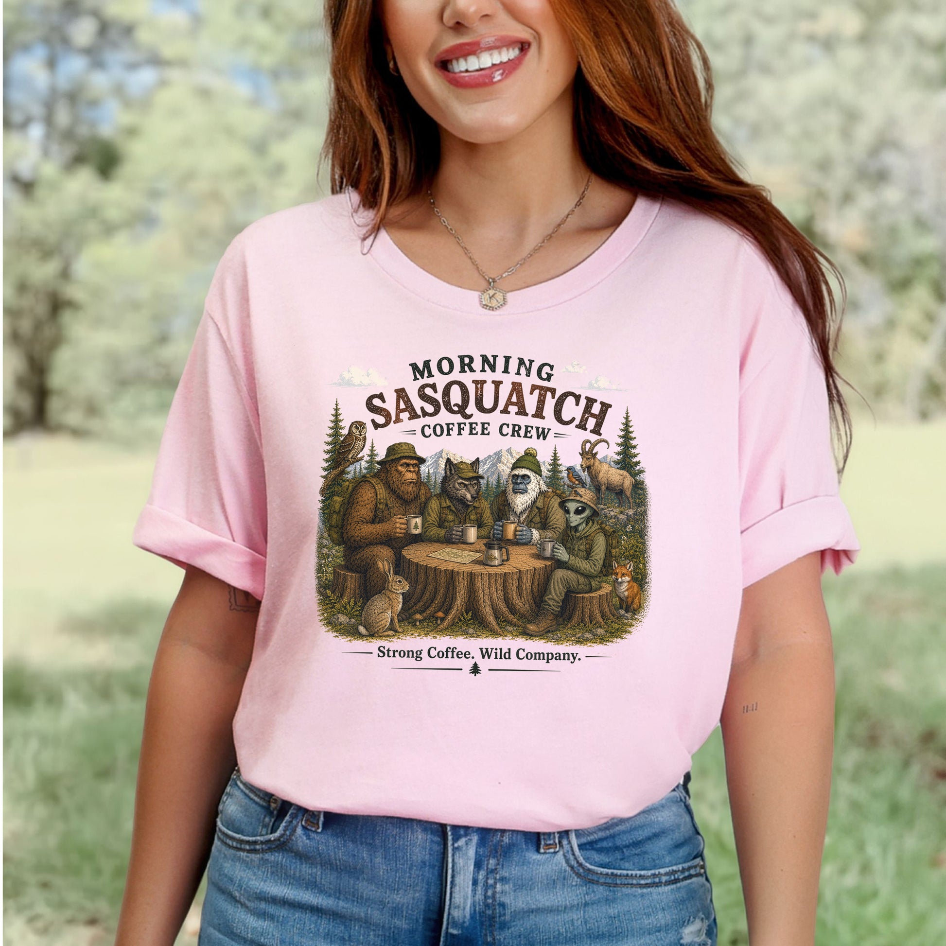 Morning Sasquatch Coffee Crew Cryptid Forest Coffee Lover T-Shirt