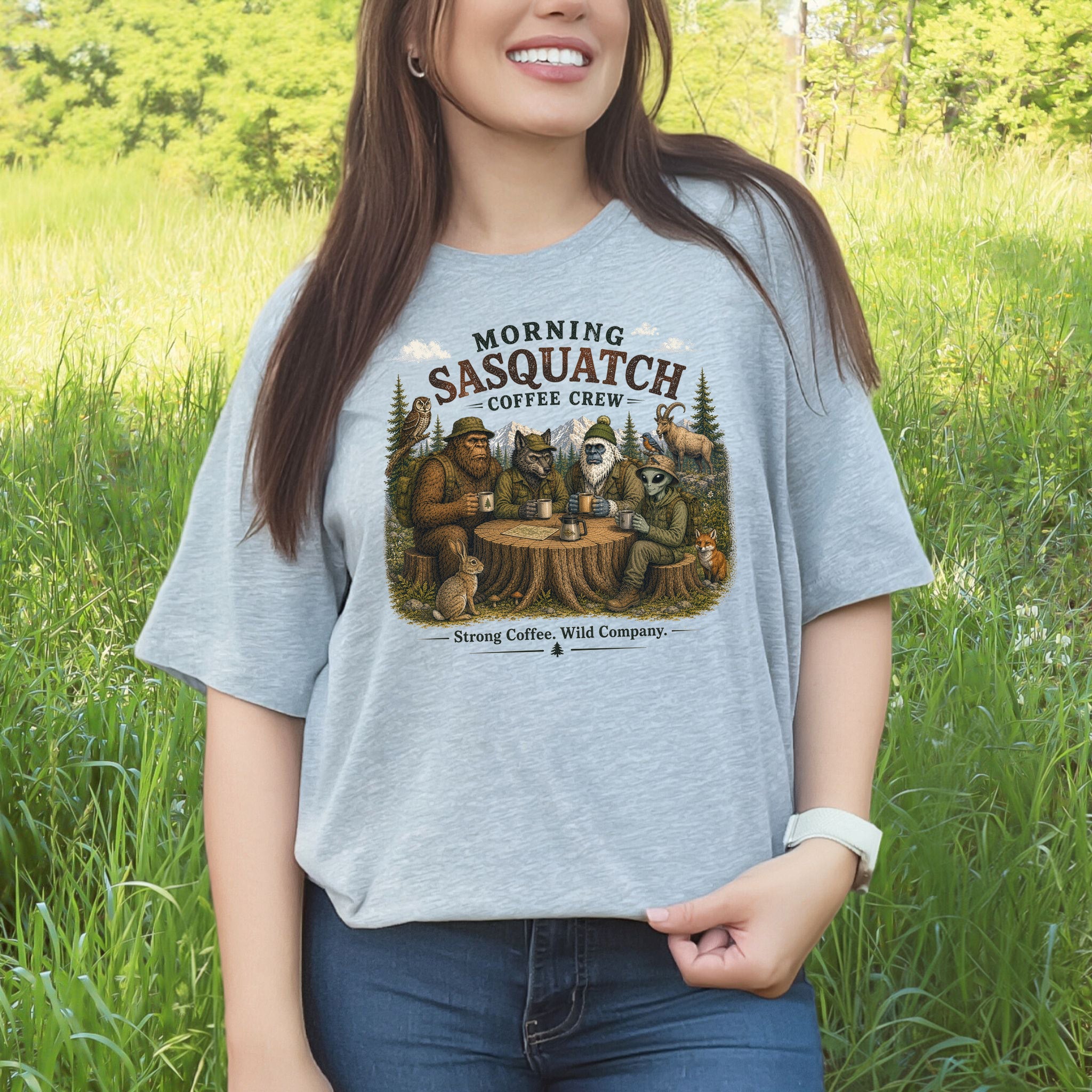 Morning Sasquatch Coffee Crew Cryptid Forest Coffee Lover T-Shirt