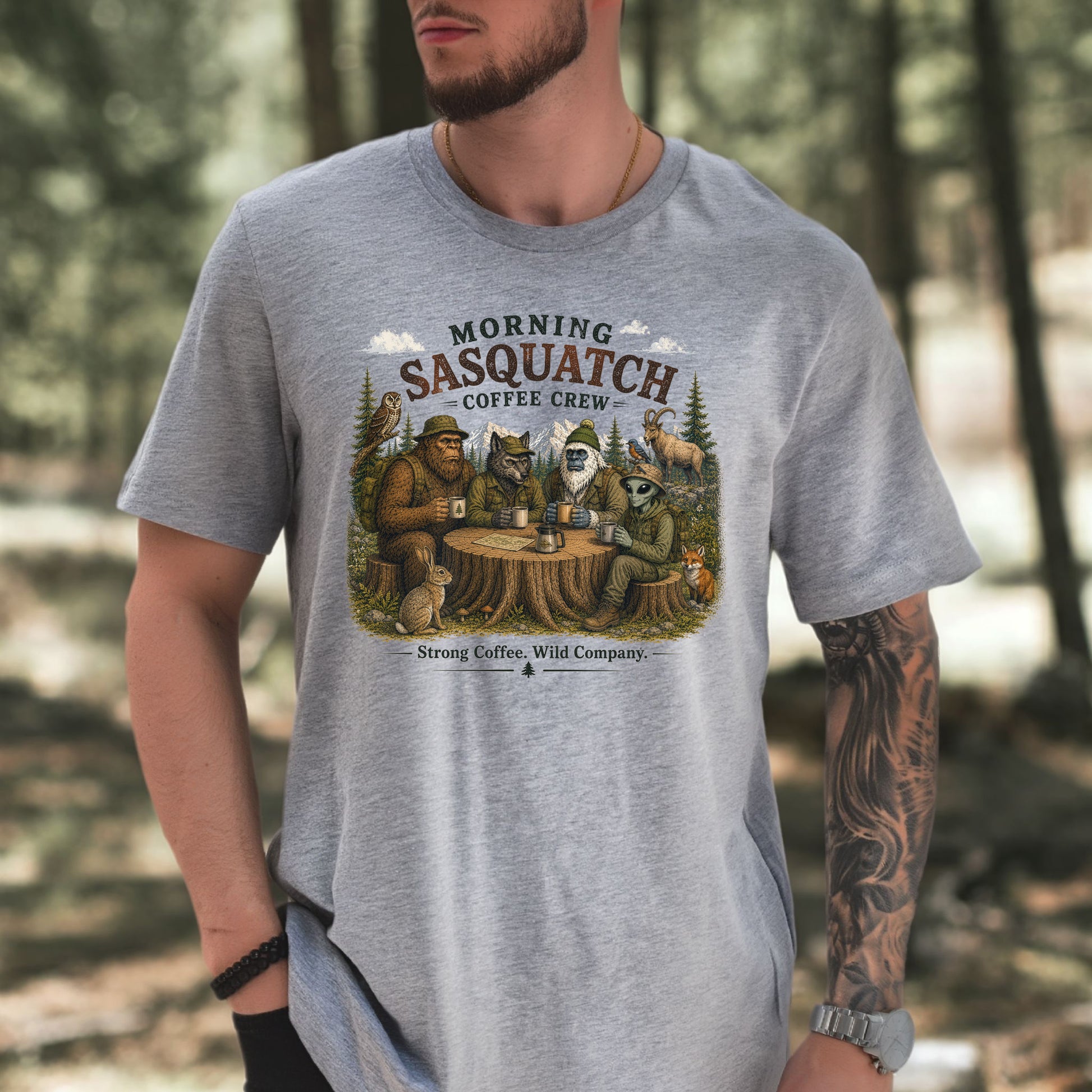 Morning Sasquatch Coffee Crew Cryptid Forest Coffee Lover T-Shirt