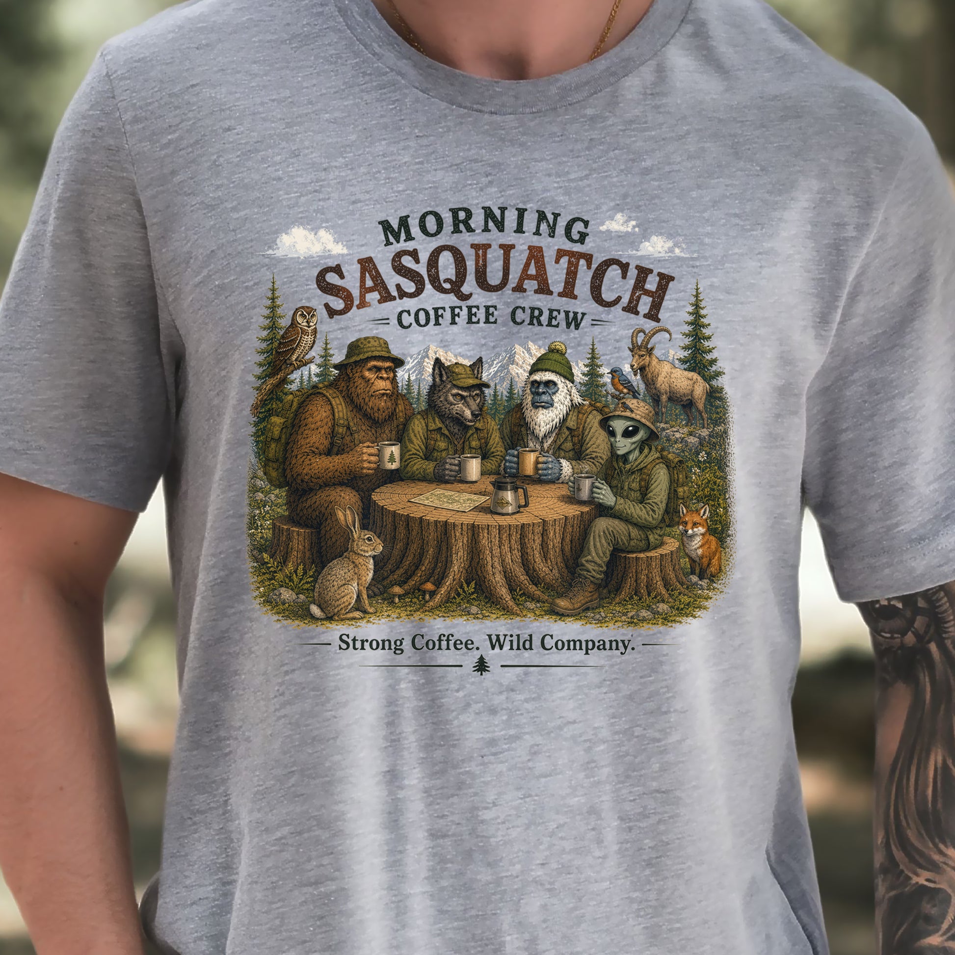 Morning Sasquatch Coffee Crew Cryptid Forest Coffee Lover T-Shirt