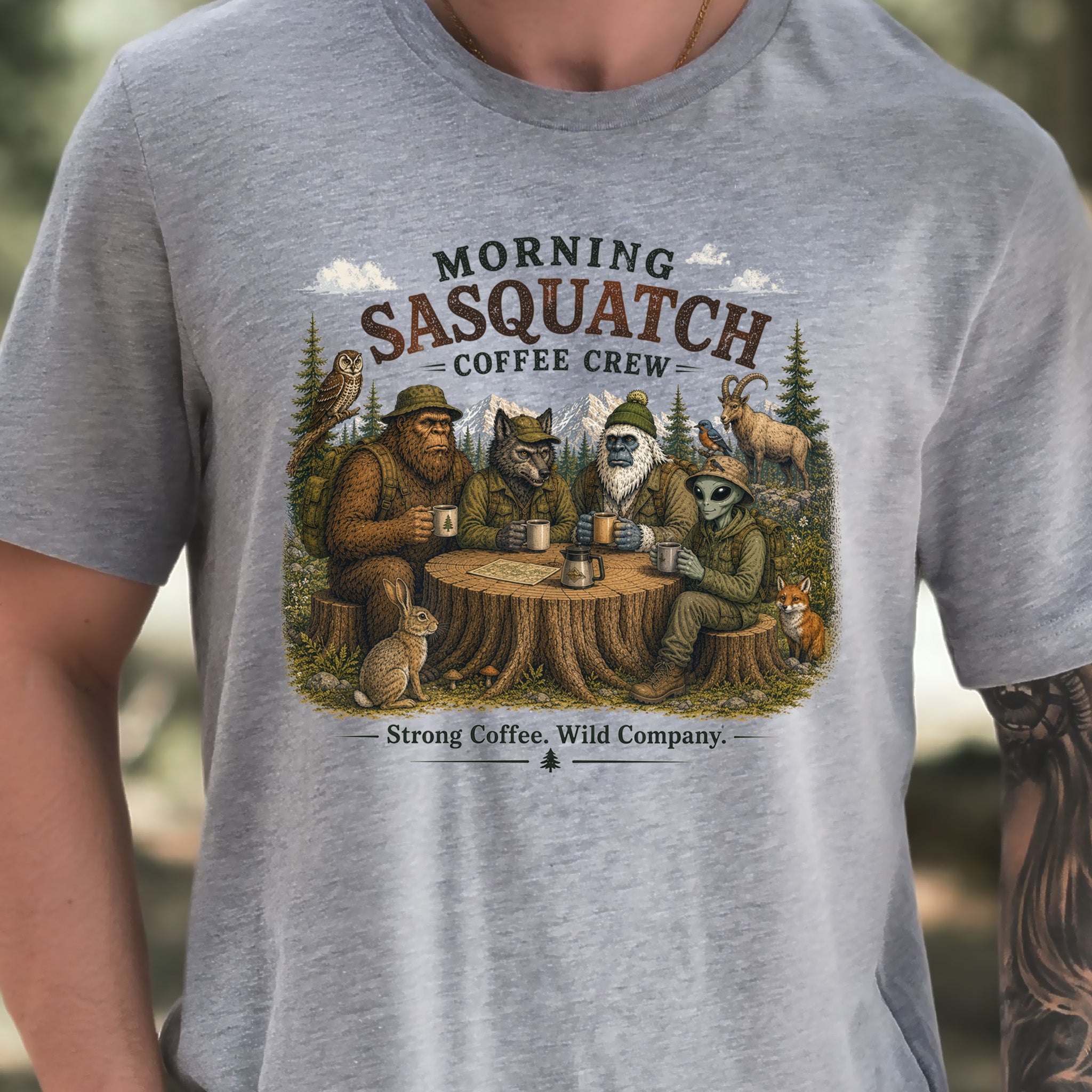 Morning Sasquatch Coffee Crew Cryptid Forest Coffee Lover T-Shirt
