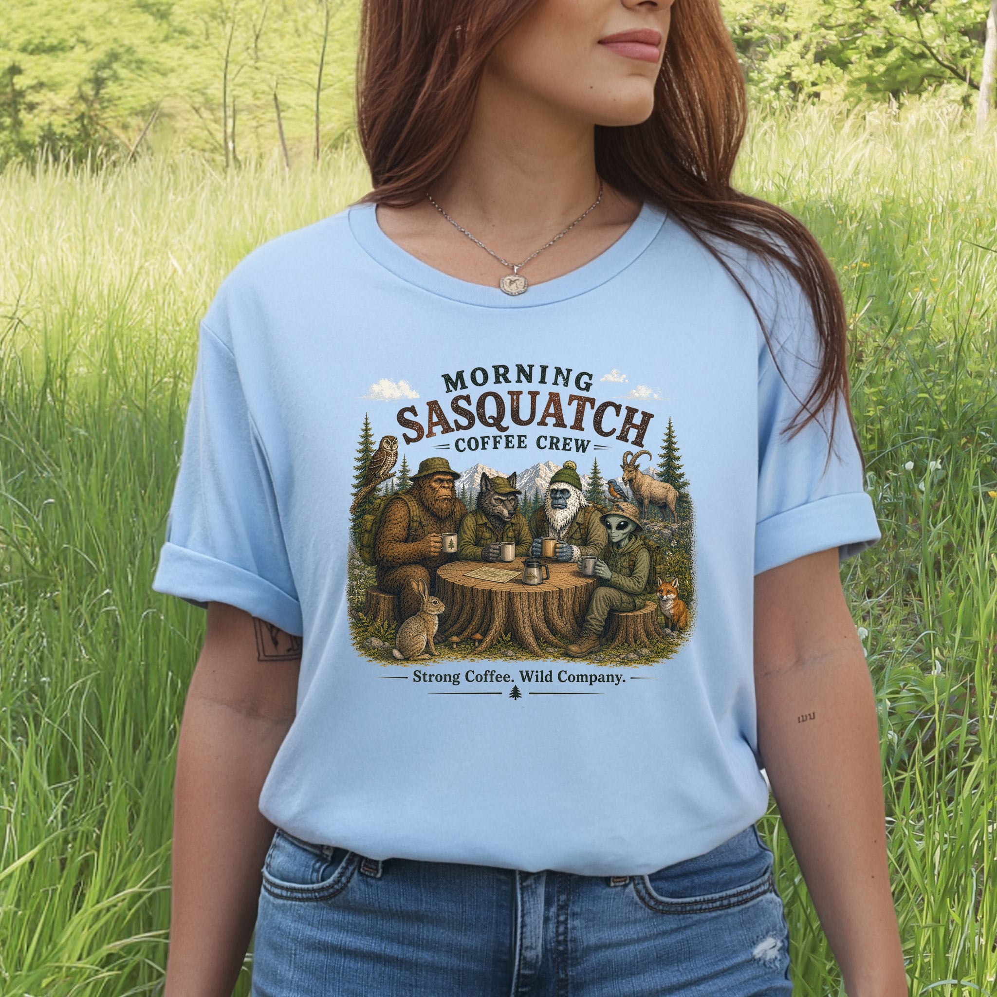 Morning Sasquatch Coffee Crew Cryptid Forest Coffee Lover T-Shirt