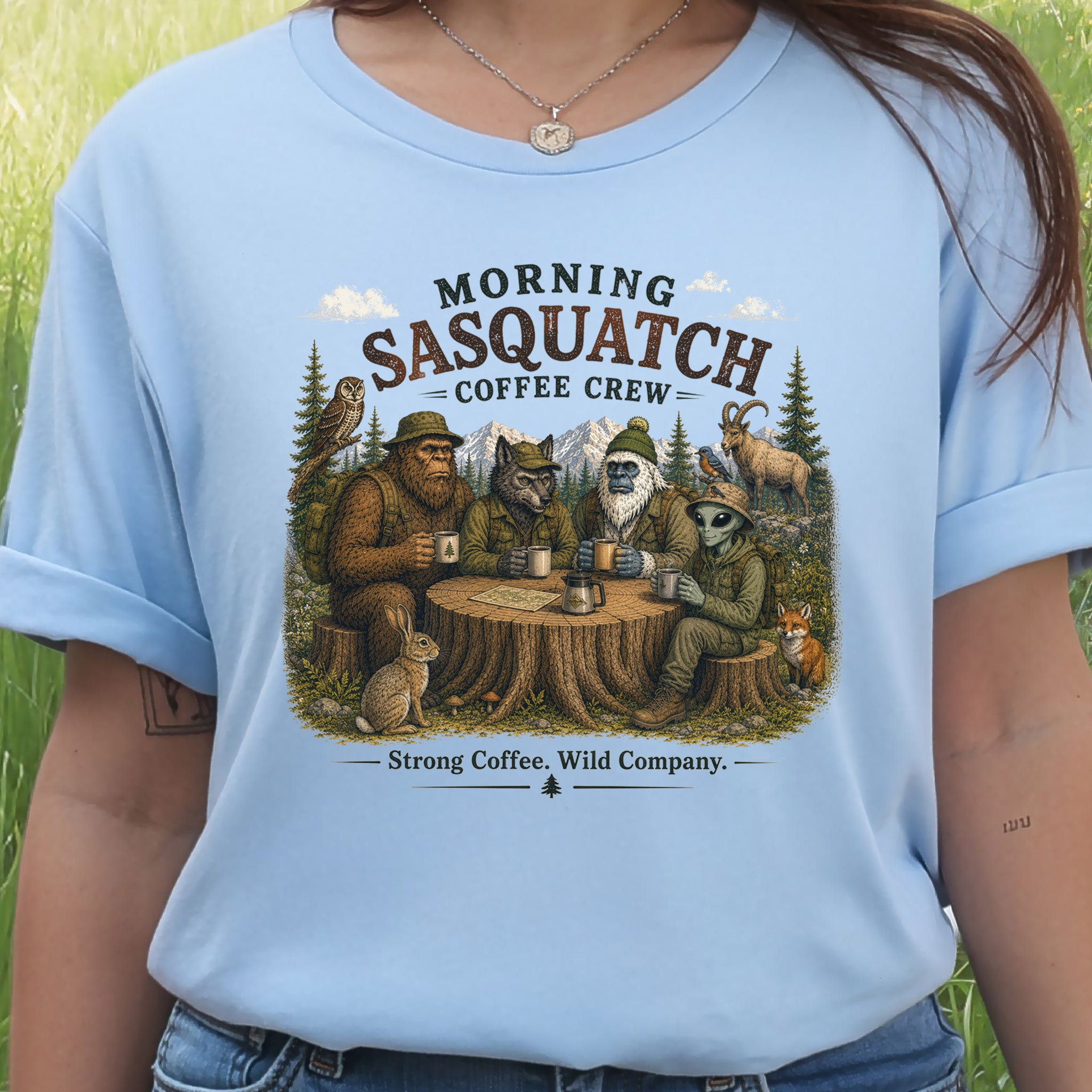 Morning Sasquatch Coffee Crew Cryptid Forest Coffee Lover T-Shirt