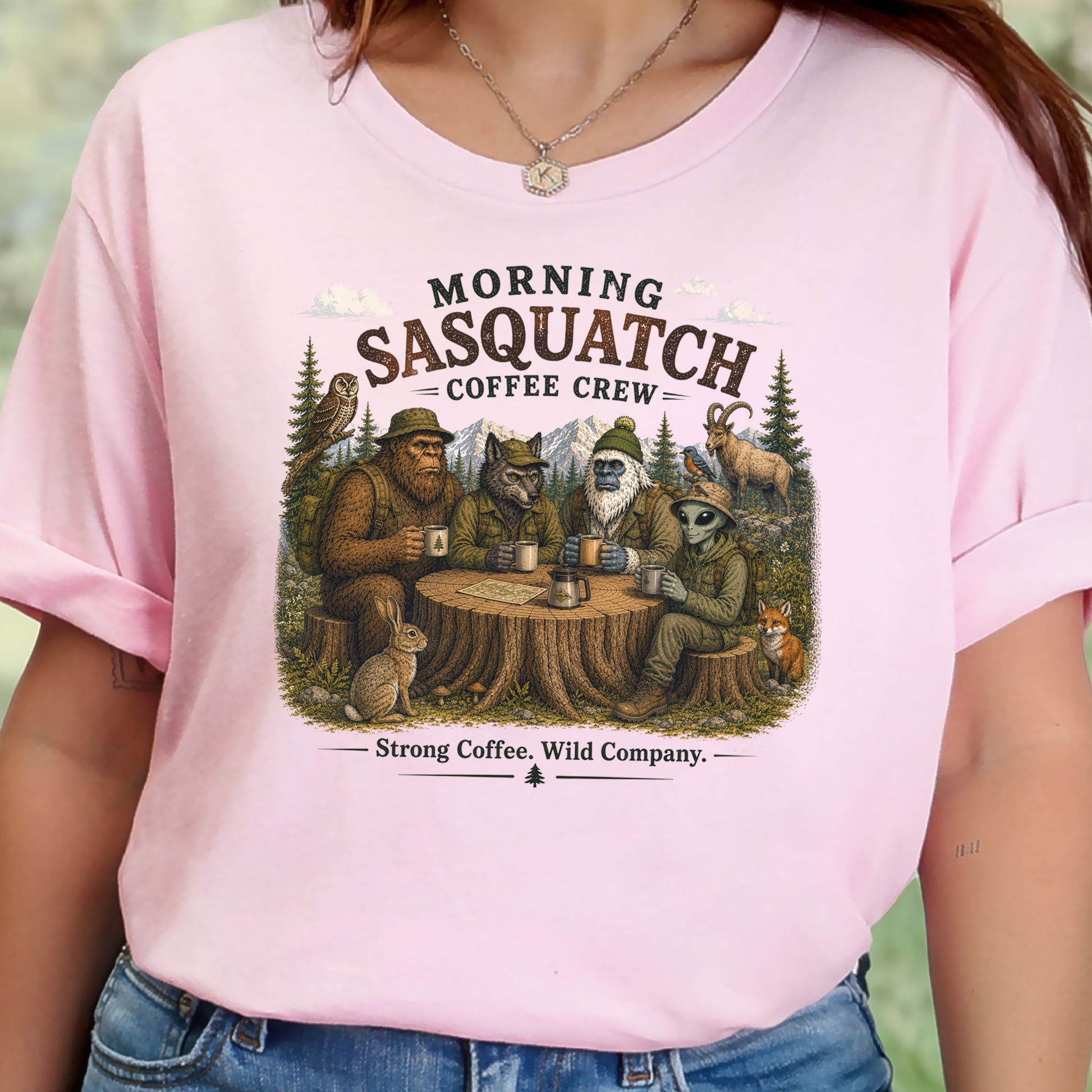 Morning Sasquatch Coffee Crew Cryptid Forest Coffee Lover T-Shirt