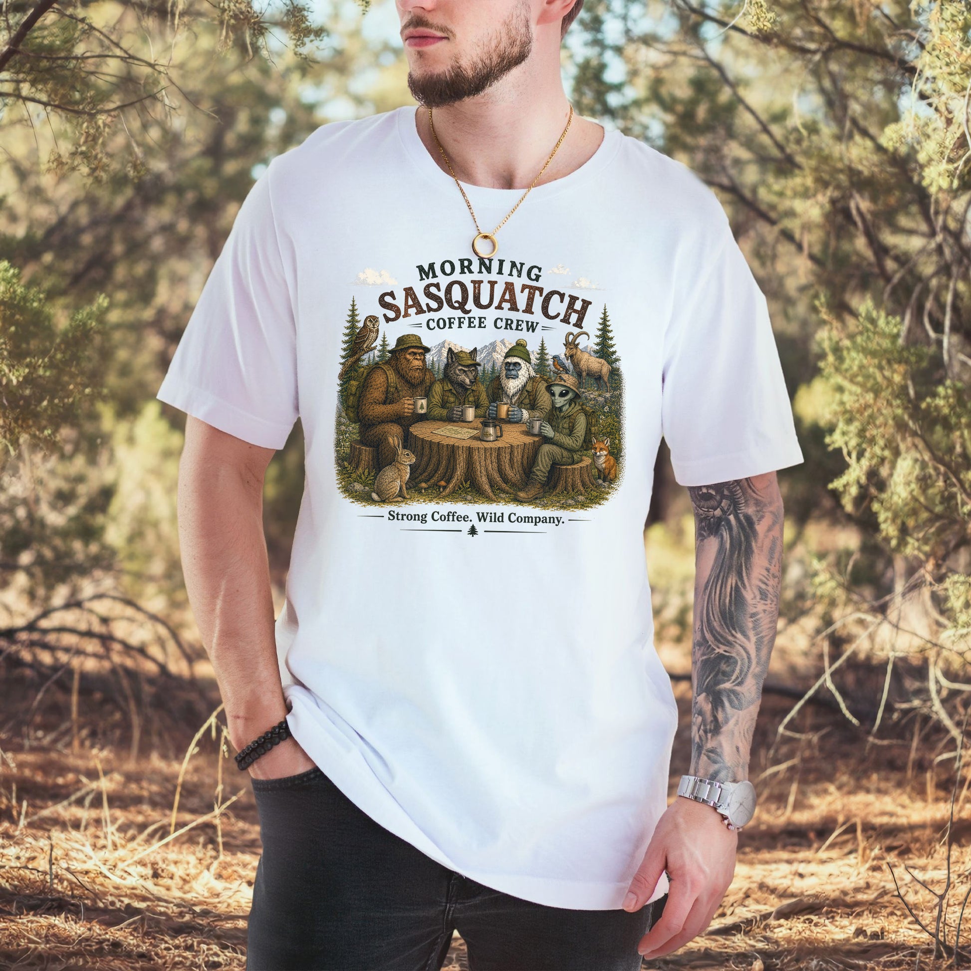 Morning Sasquatch Coffee Crew Cryptid Forest Coffee Lover T-Shirt