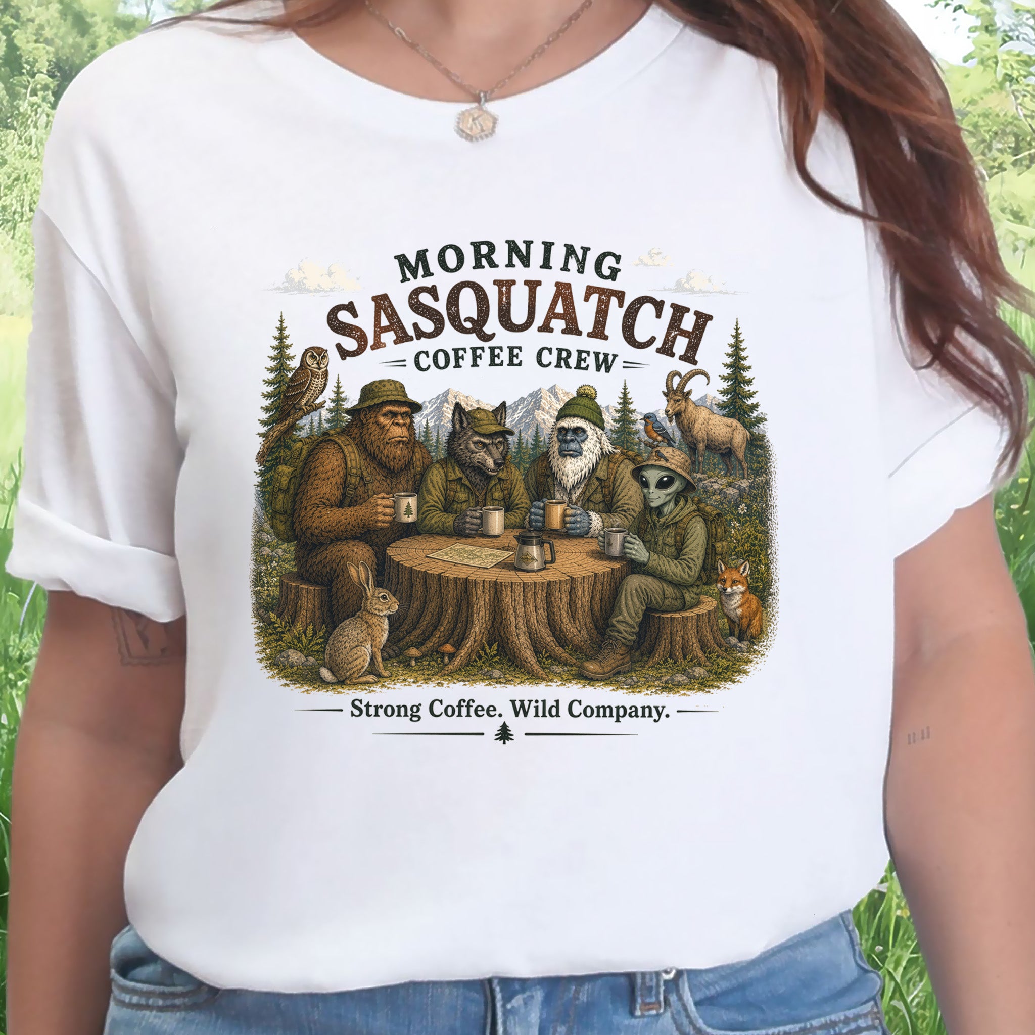 Morning Sasquatch Coffee Crew Cryptid Forest Coffee Lover T-Shirt