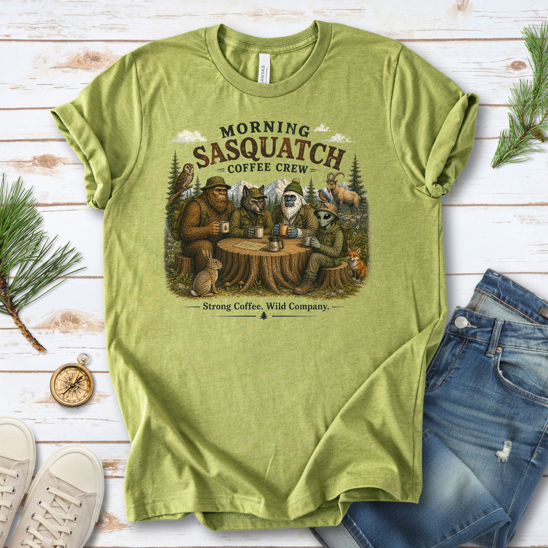Morning Sasquatch Coffee Crew Cryptid Forest Coffee Lover T-Shirt