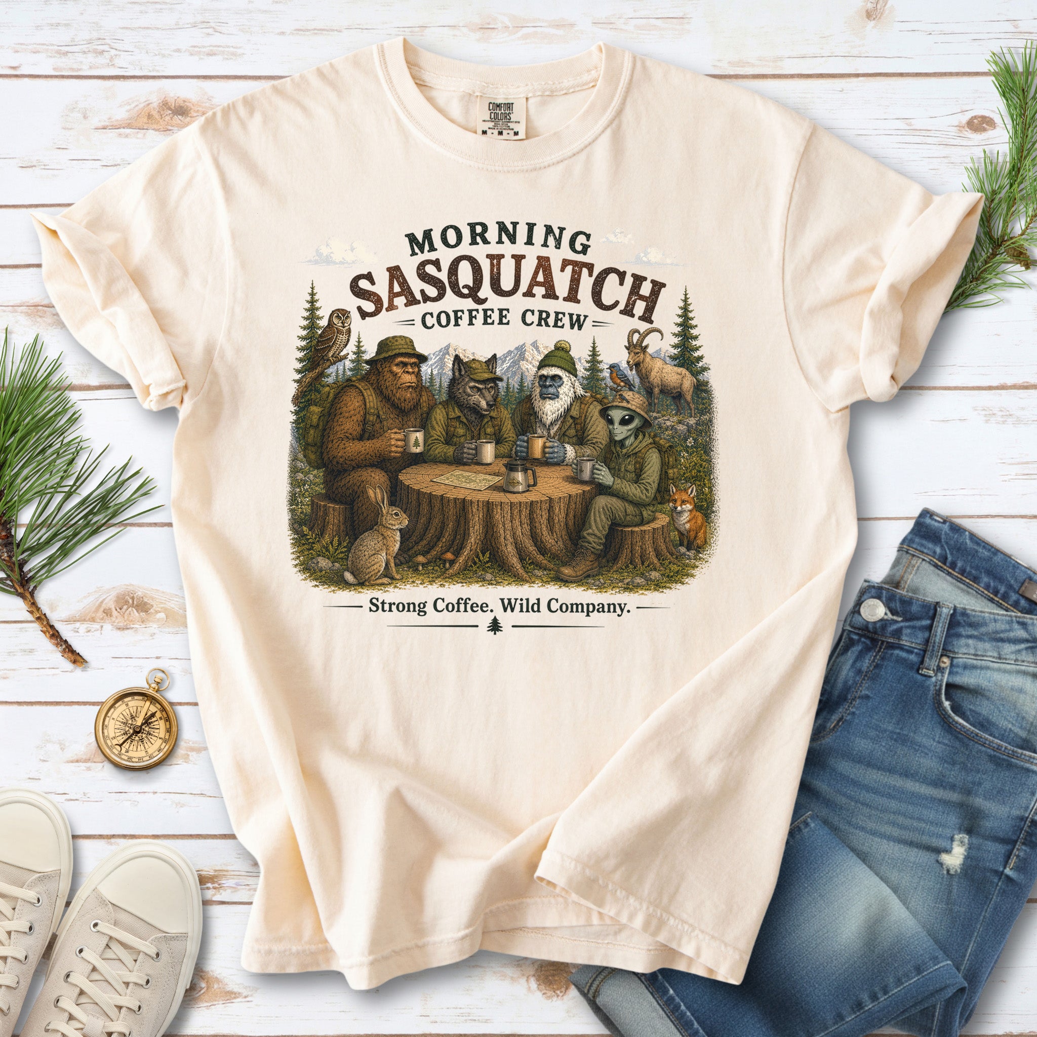 Morning Sasquatch Coffee Crew Comfort Colors Shirt – Cryptid Coffee Tee