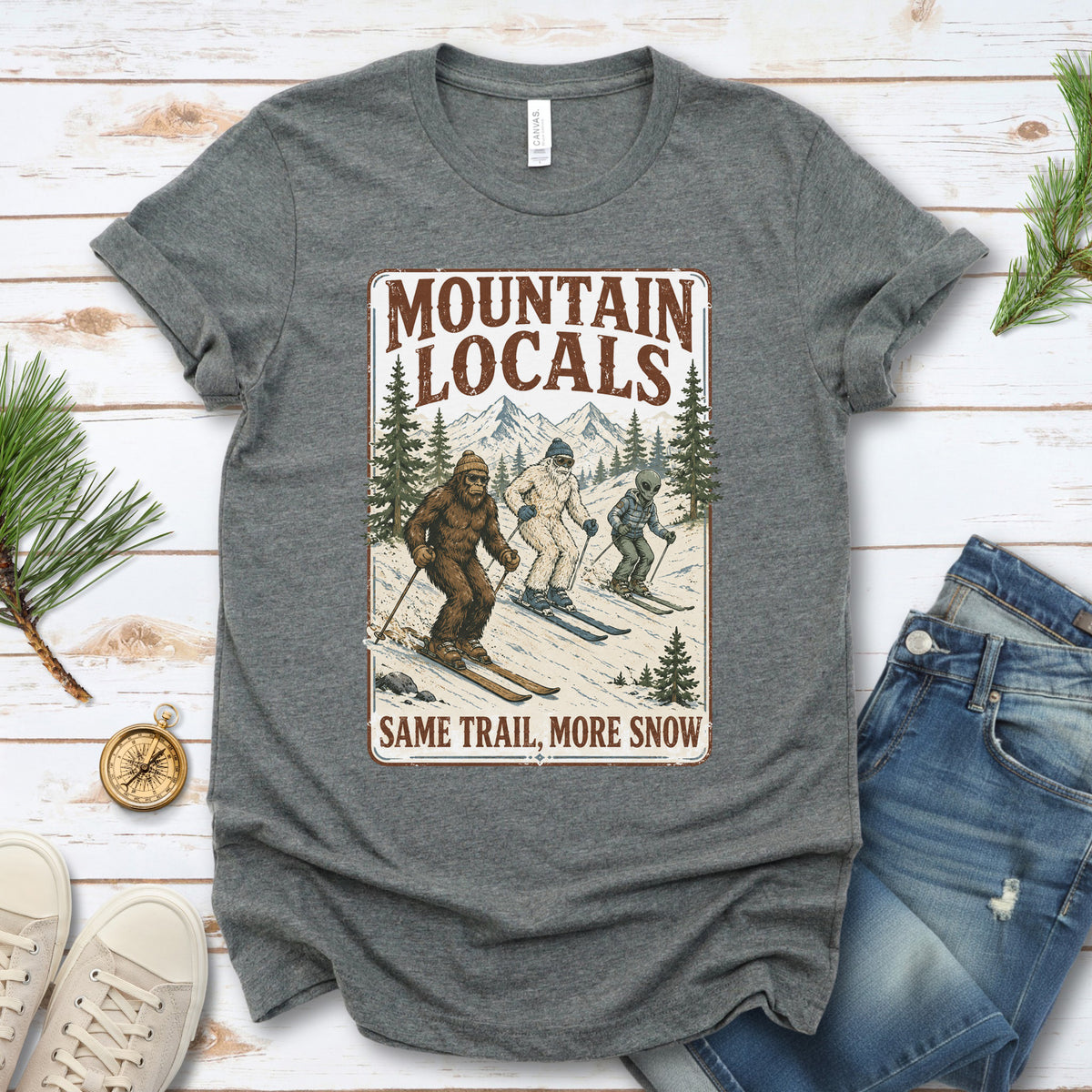 Mountain Locals Same Trail More Snow T-Shirt – Sasquatch Yeti Alien Ski Tee