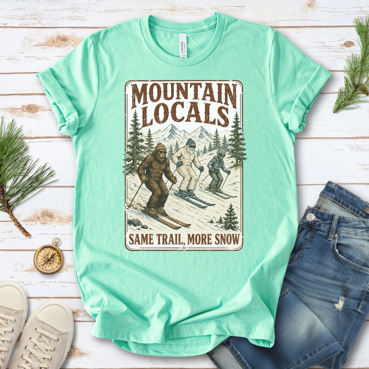 Mountain Locals Same Trail More Snow T-Shirt – Sasquatch Yeti Alien Ski Tee