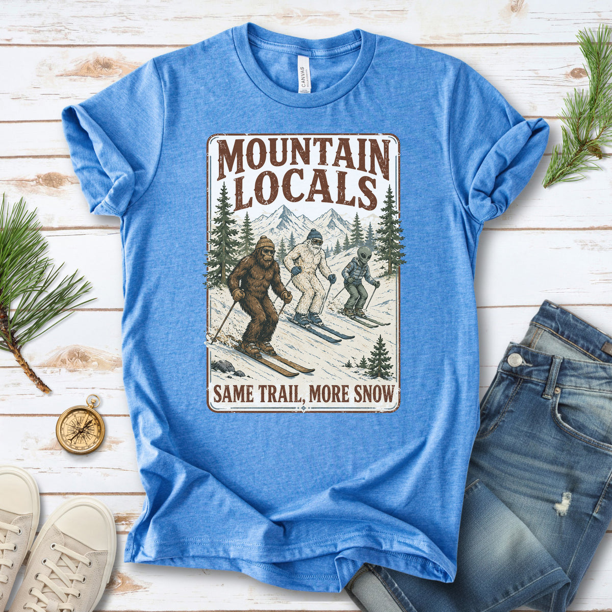 Mountain Locals Same Trail More Snow T-Shirt – Sasquatch Yeti Alien Ski Tee