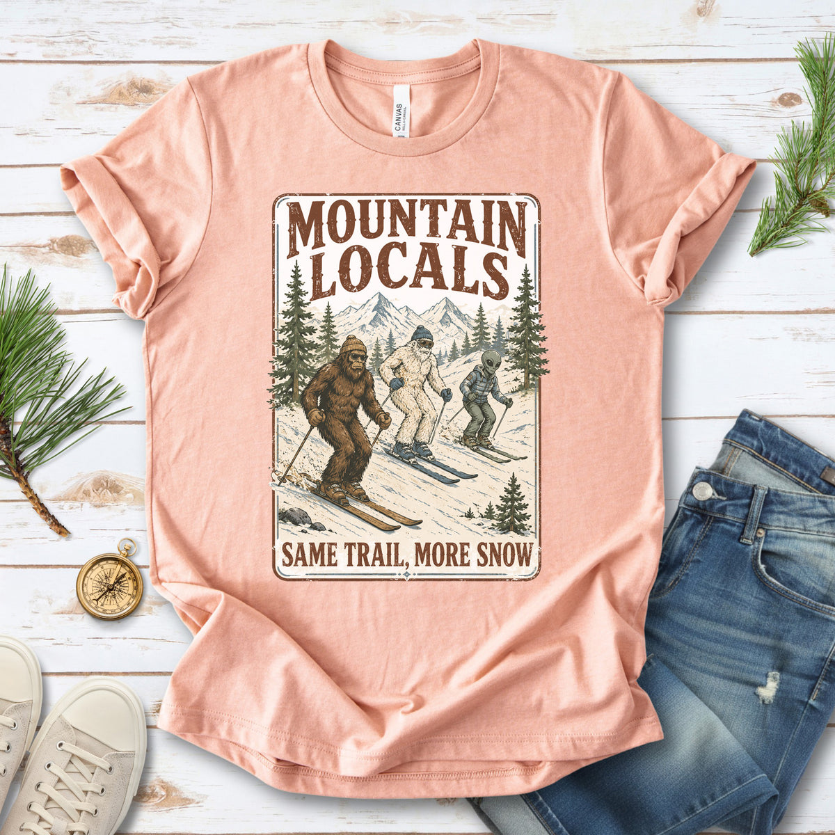 Mountain Locals Same Trail More Snow T-Shirt – Sasquatch Yeti Alien Ski Tee