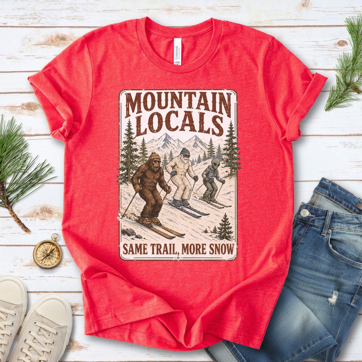 Mountain Locals Same Trail More Snow T-Shirt – Sasquatch Yeti Alien Ski Tee