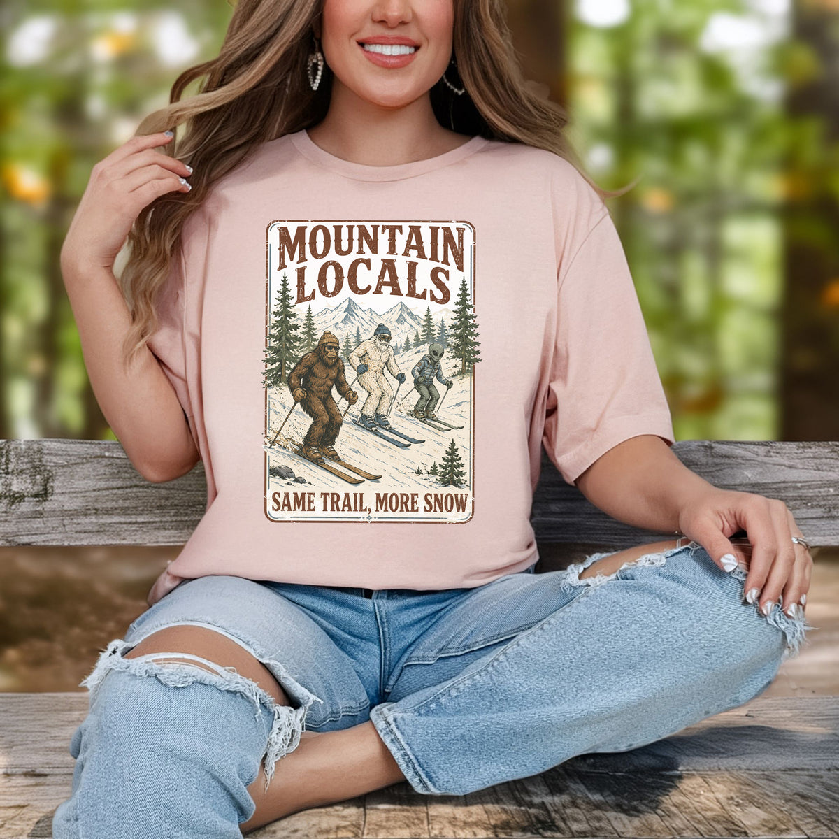 Mountain Locals Same Trail More Snow T-Shirt – Sasquatch Yeti Alien Ski Tee