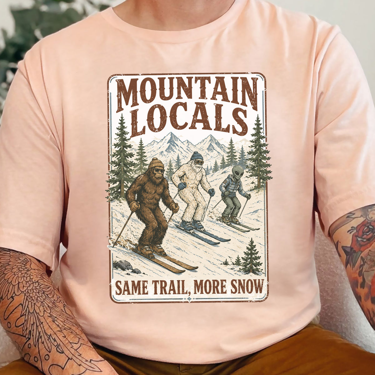 Mountain Locals Same Trail More Snow T-Shirt – Sasquatch Yeti Alien Ski Tee