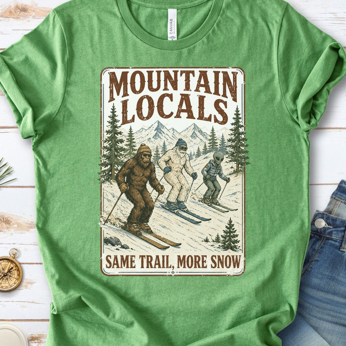 Mountain Locals Same Trail More Snow T-Shirt – Sasquatch Yeti Alien Ski Tee