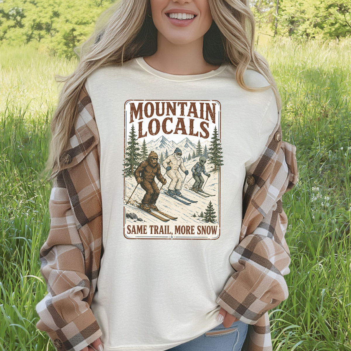 Mountain Locals Same Trail More Snow T-Shirt – Sasquatch Yeti Alien Ski Tee