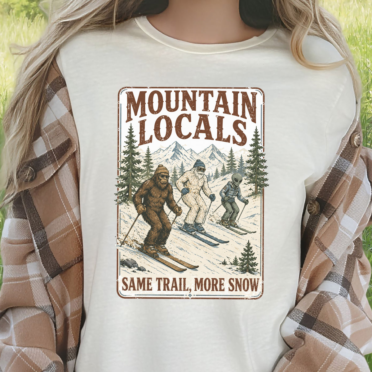 Mountain Locals Same Trail More Snow T-Shirt – Sasquatch Yeti Alien Ski Tee