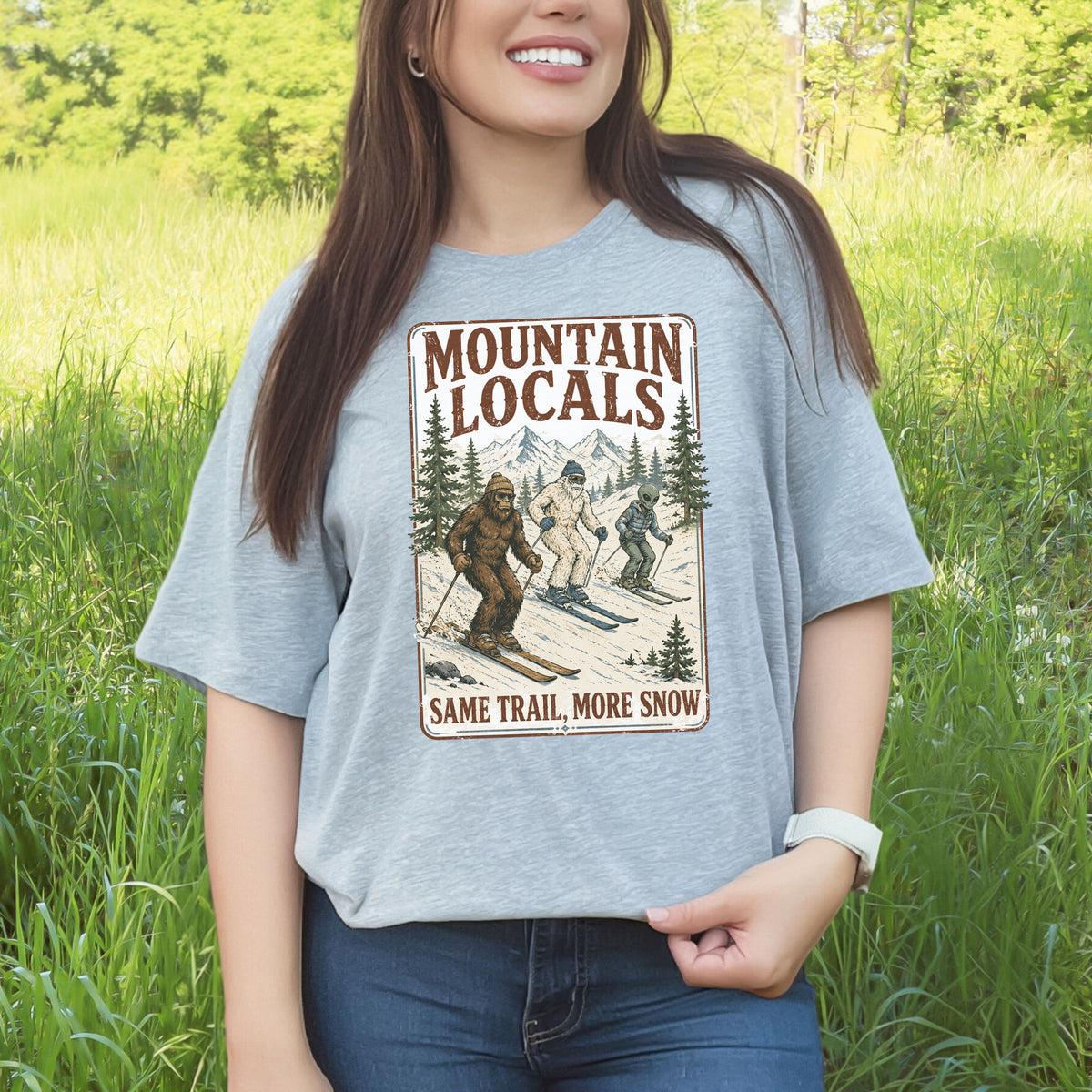 Mountain Locals Same Trail More Snow T-Shirt – Sasquatch Yeti Alien Ski Tee