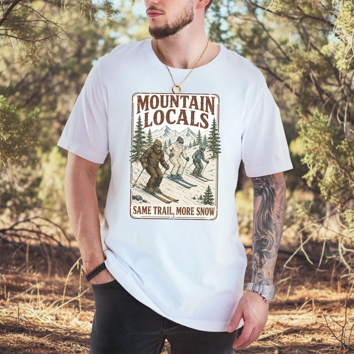 Mountain Locals Same Trail More Snow T-Shirt – Sasquatch Yeti Alien Ski Tee